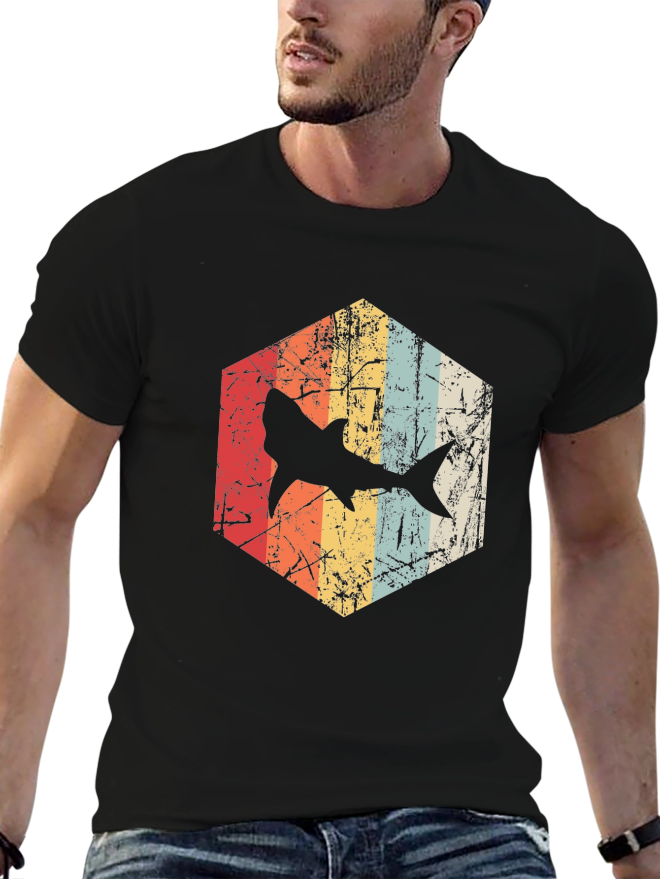 Retro Shark Graphic Tee - Distressed Style