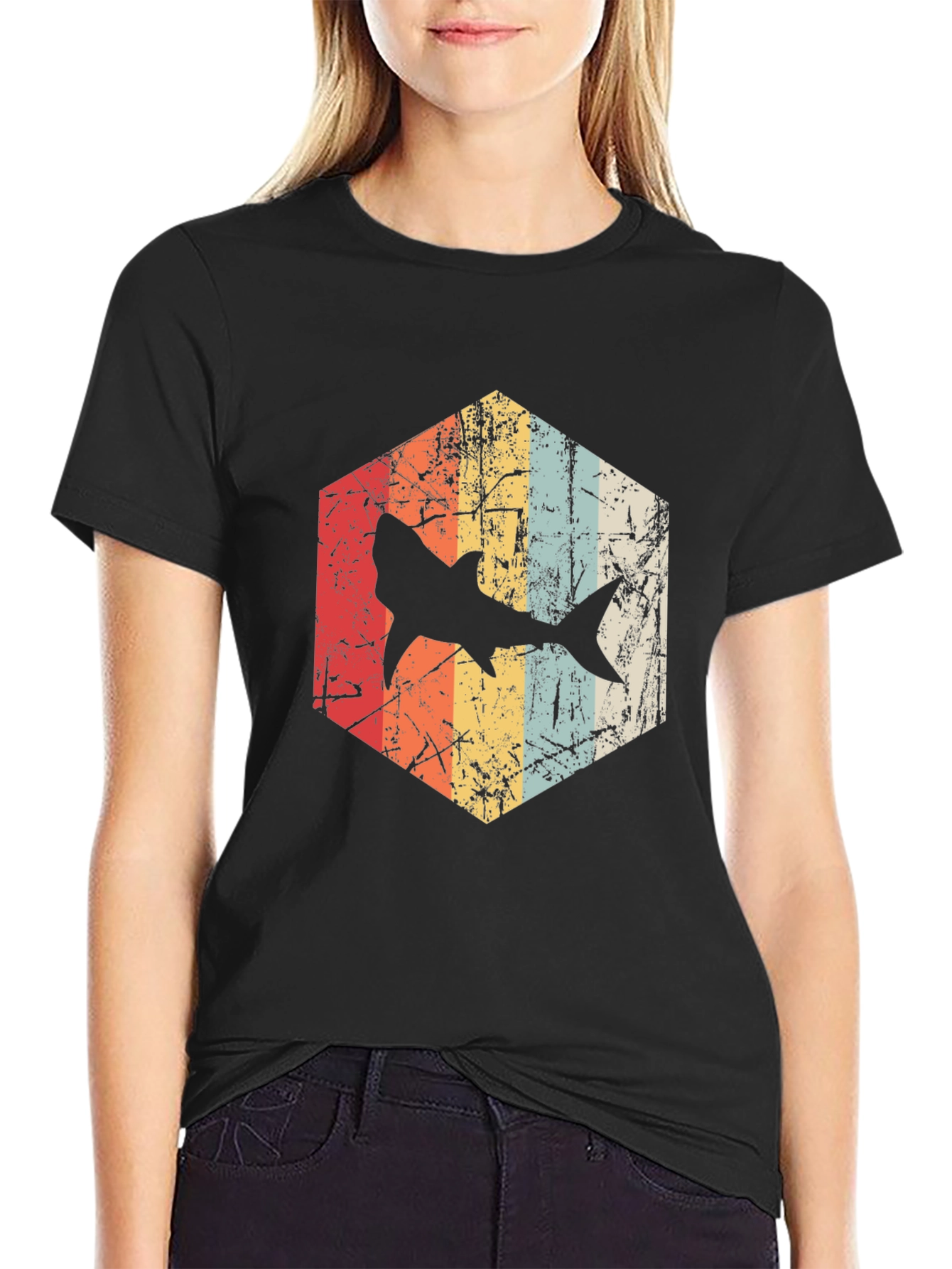 Retro Shark Graphic Tee - Distressed Style
