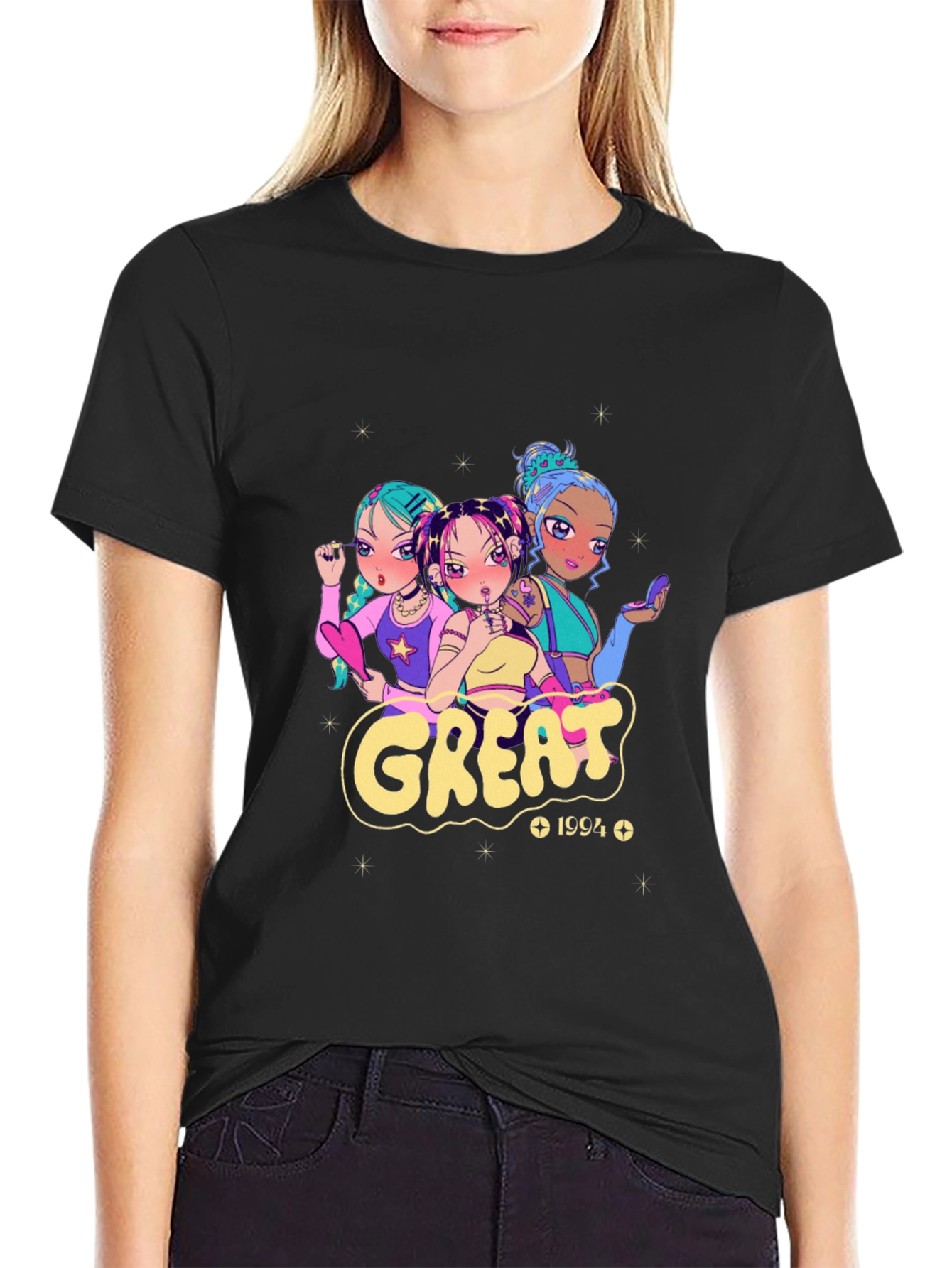 Anime Girl Black Graphic T-Shirt