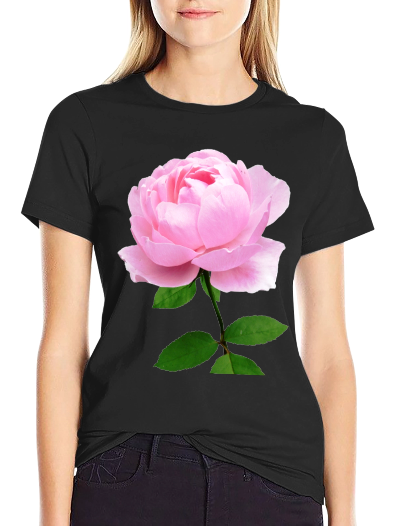 Black T-Shirt with Pink Rose Print