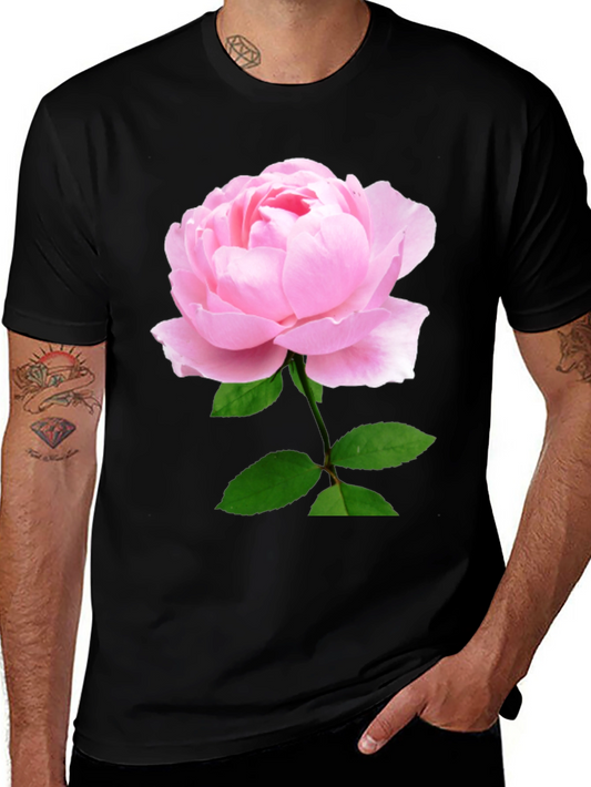 Black T-Shirt with Pink Rose Print