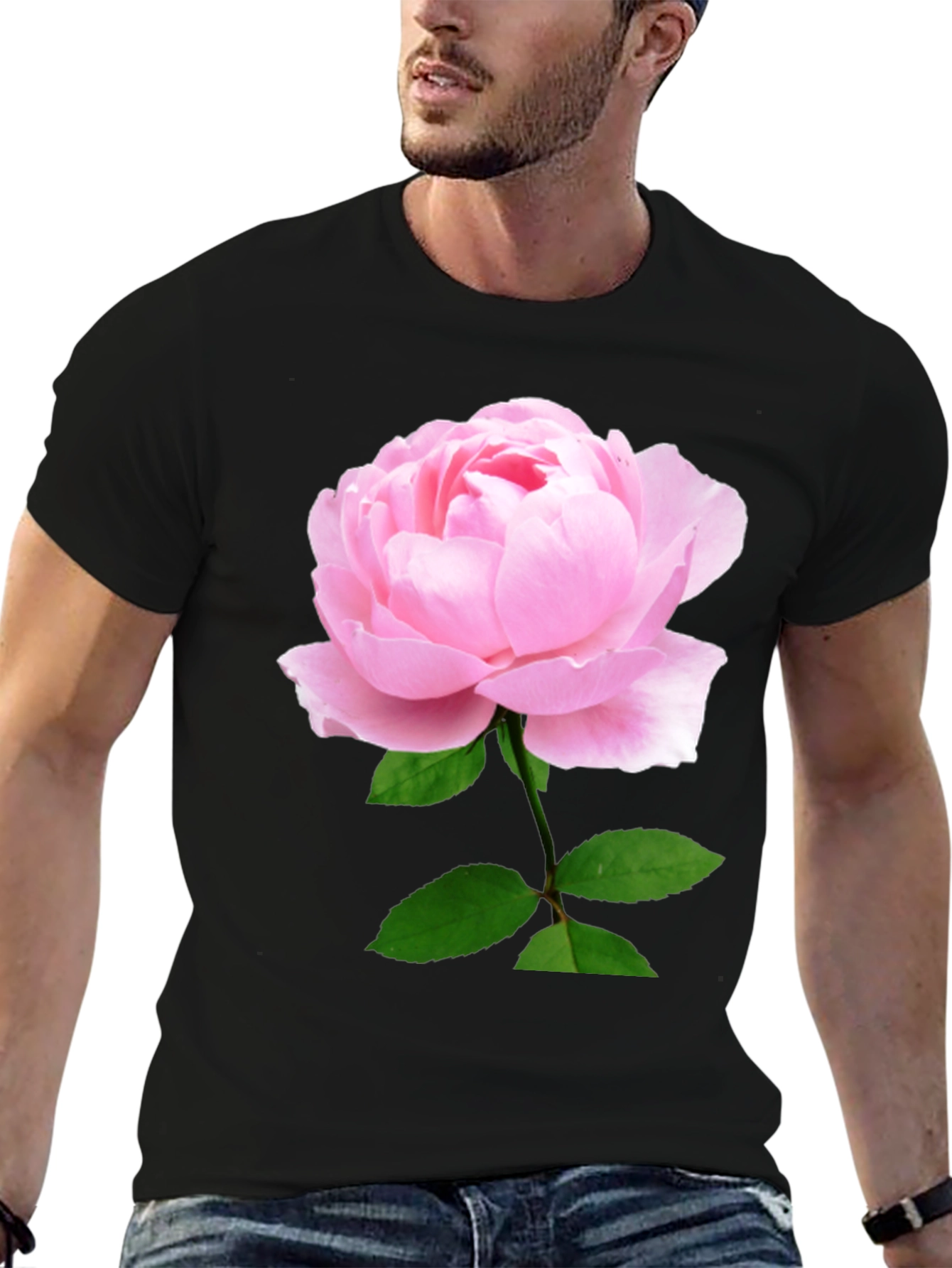 Black T-Shirt with Pink Rose Print