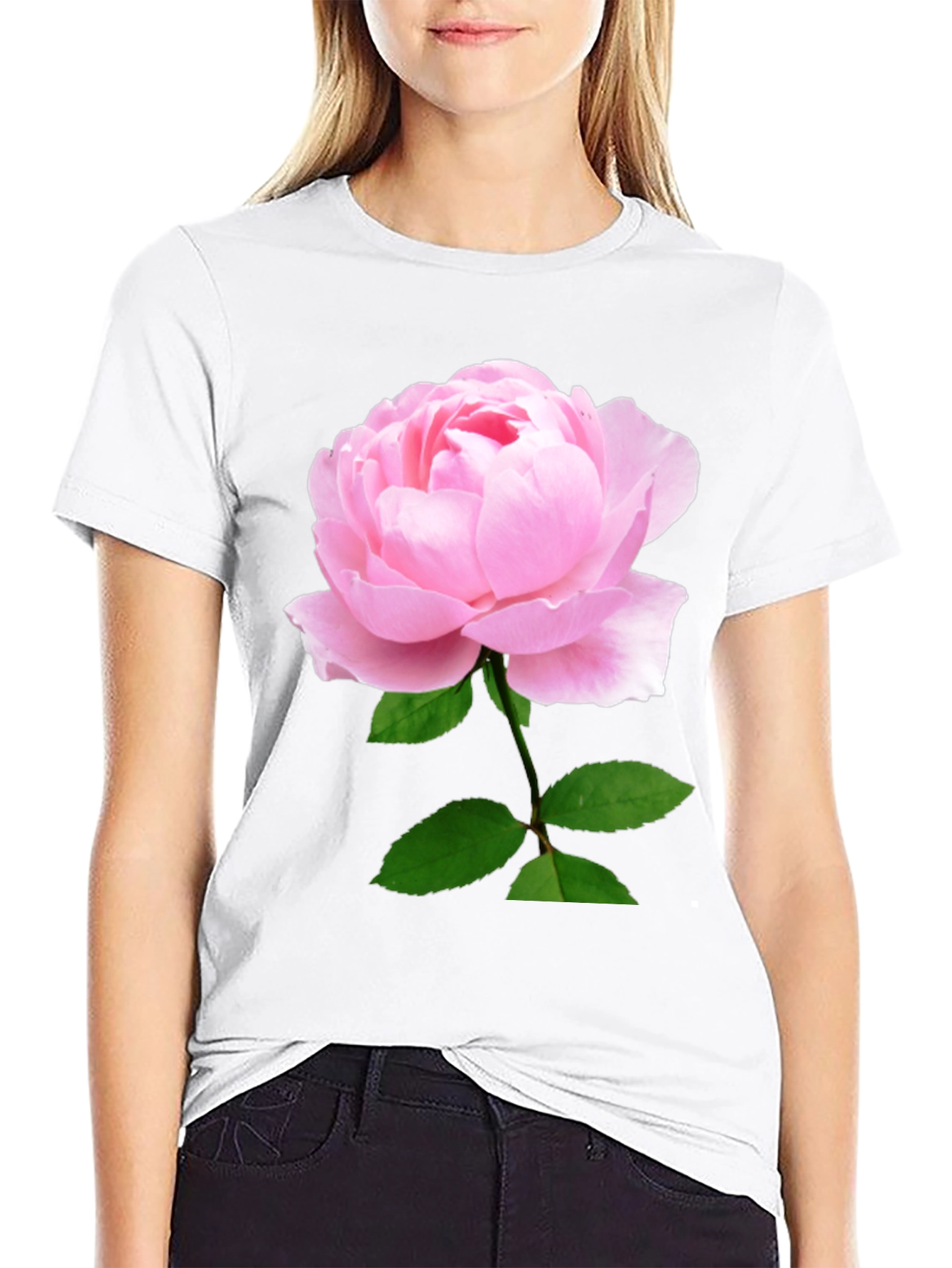 Black T-Shirt with Pink Rose Print