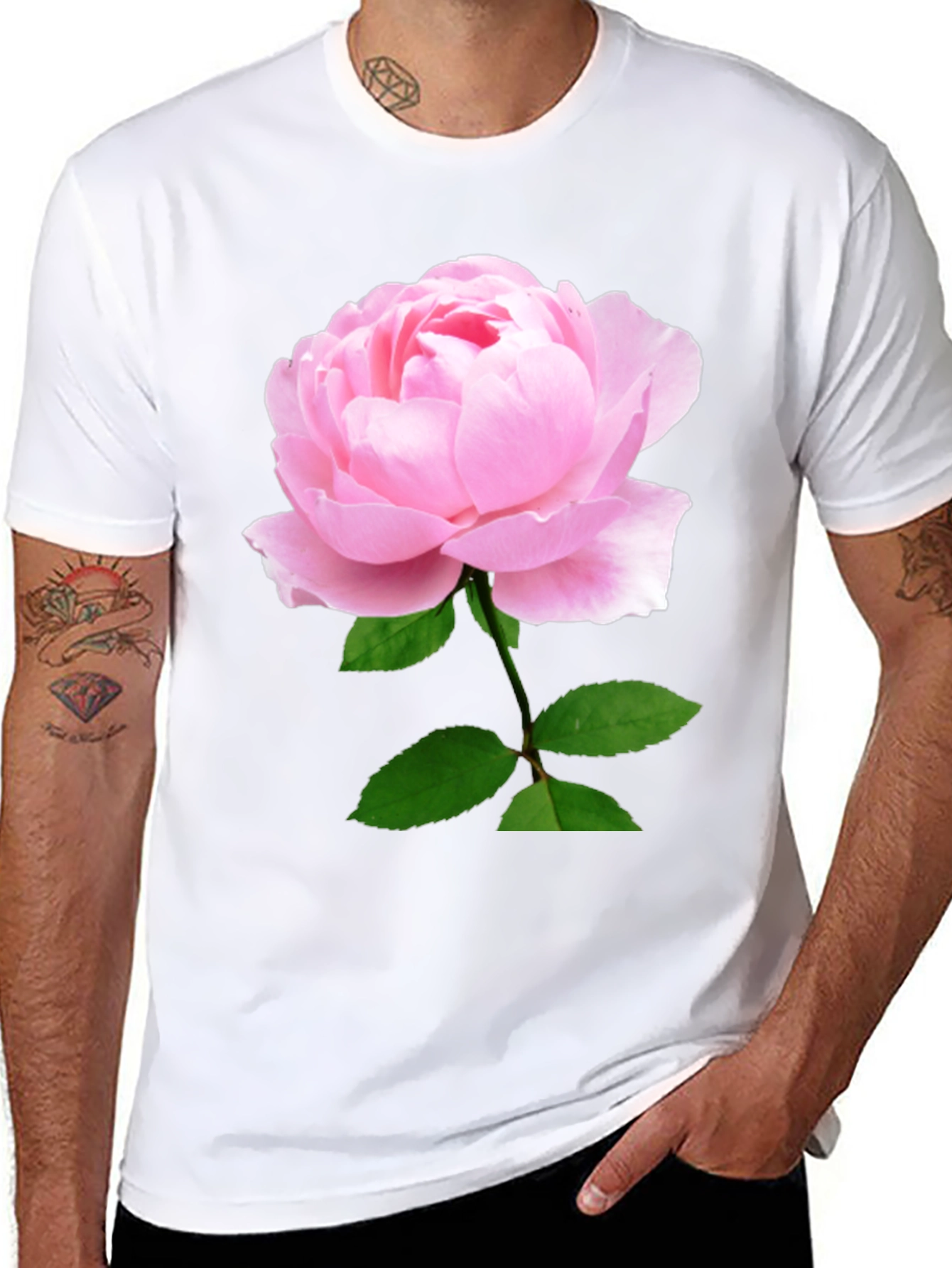 Black T-Shirt with Pink Rose Print
