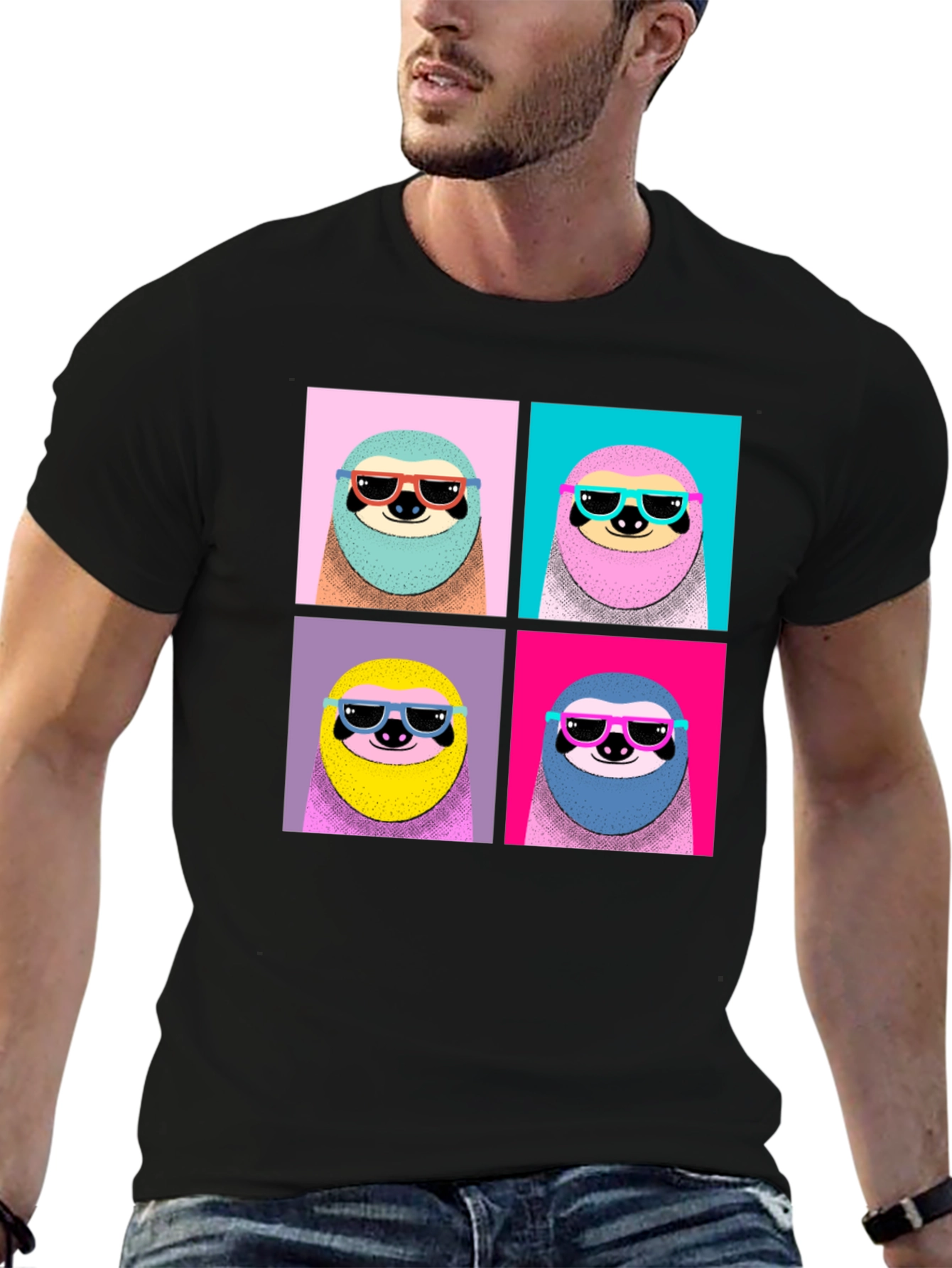 Cool Sloth Pop Art Graphic Tee - Black