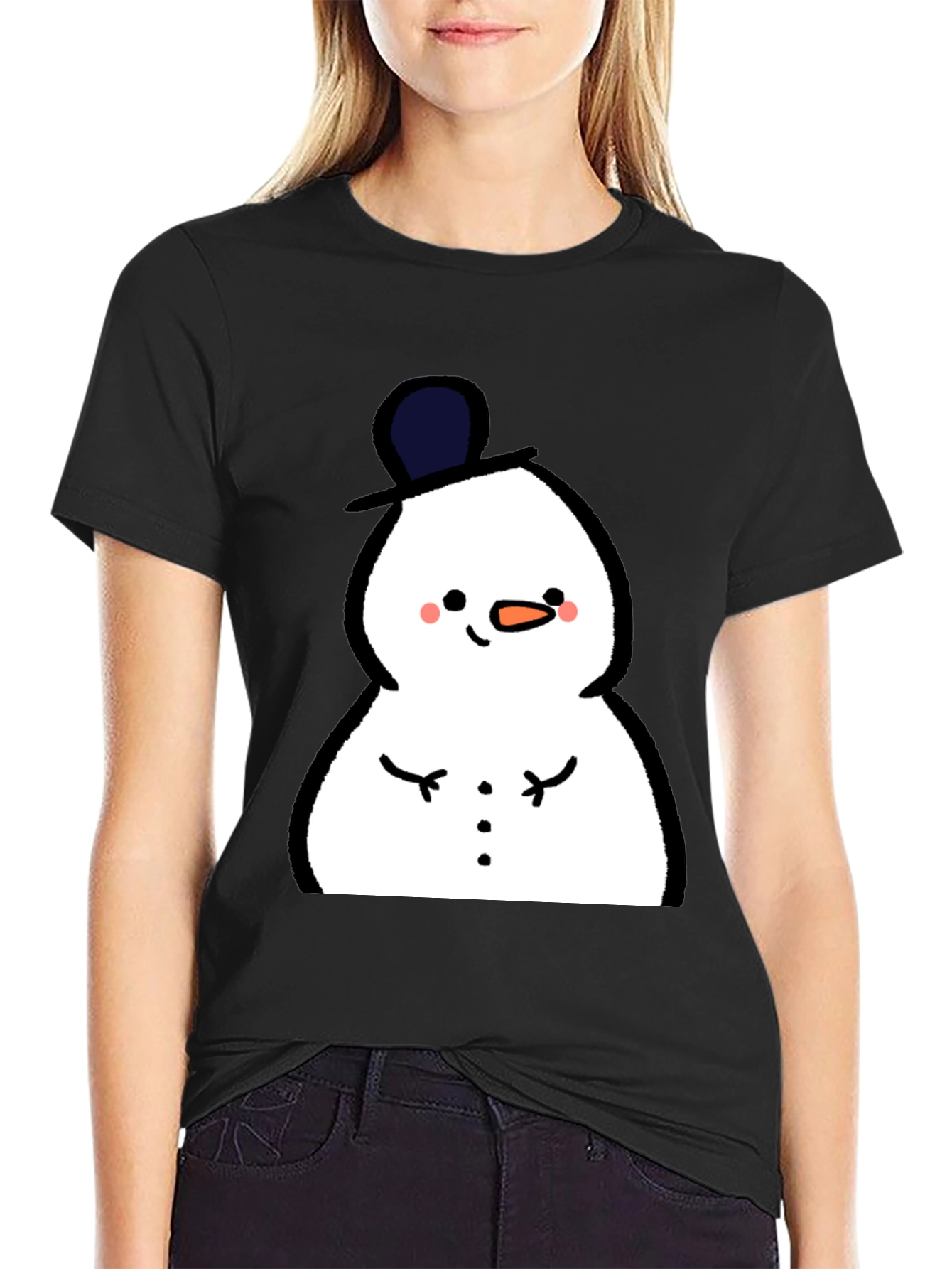 Cute Snowman Graphic Tee - Black