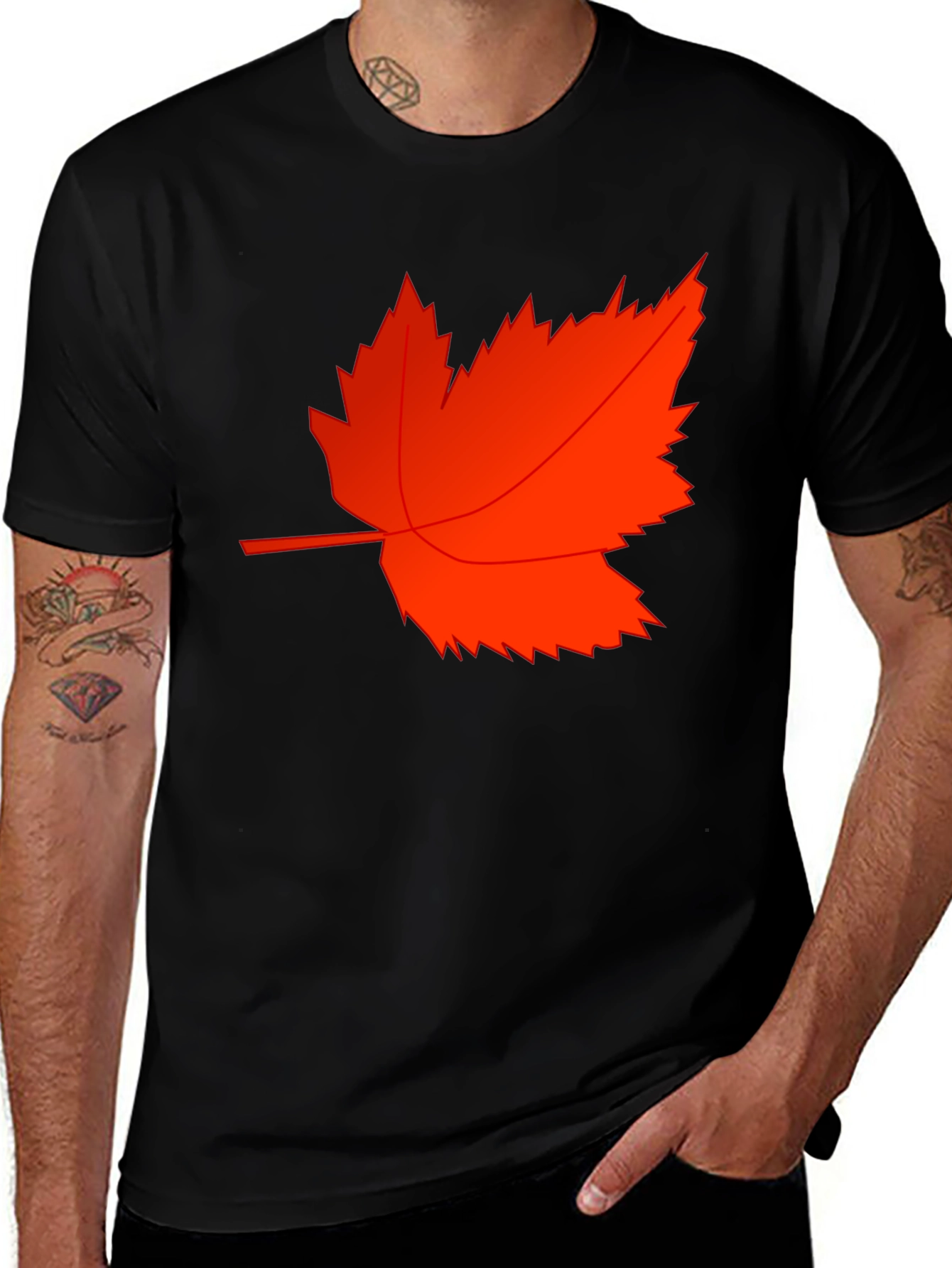 Mens Black T-Shirt with Red Maple Leaf Design