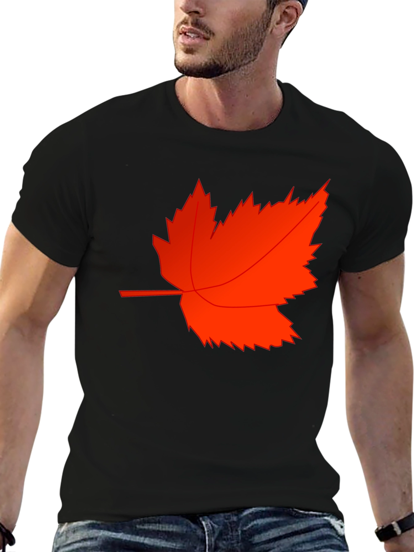 Mens Black T-Shirt with Red Maple Leaf Design