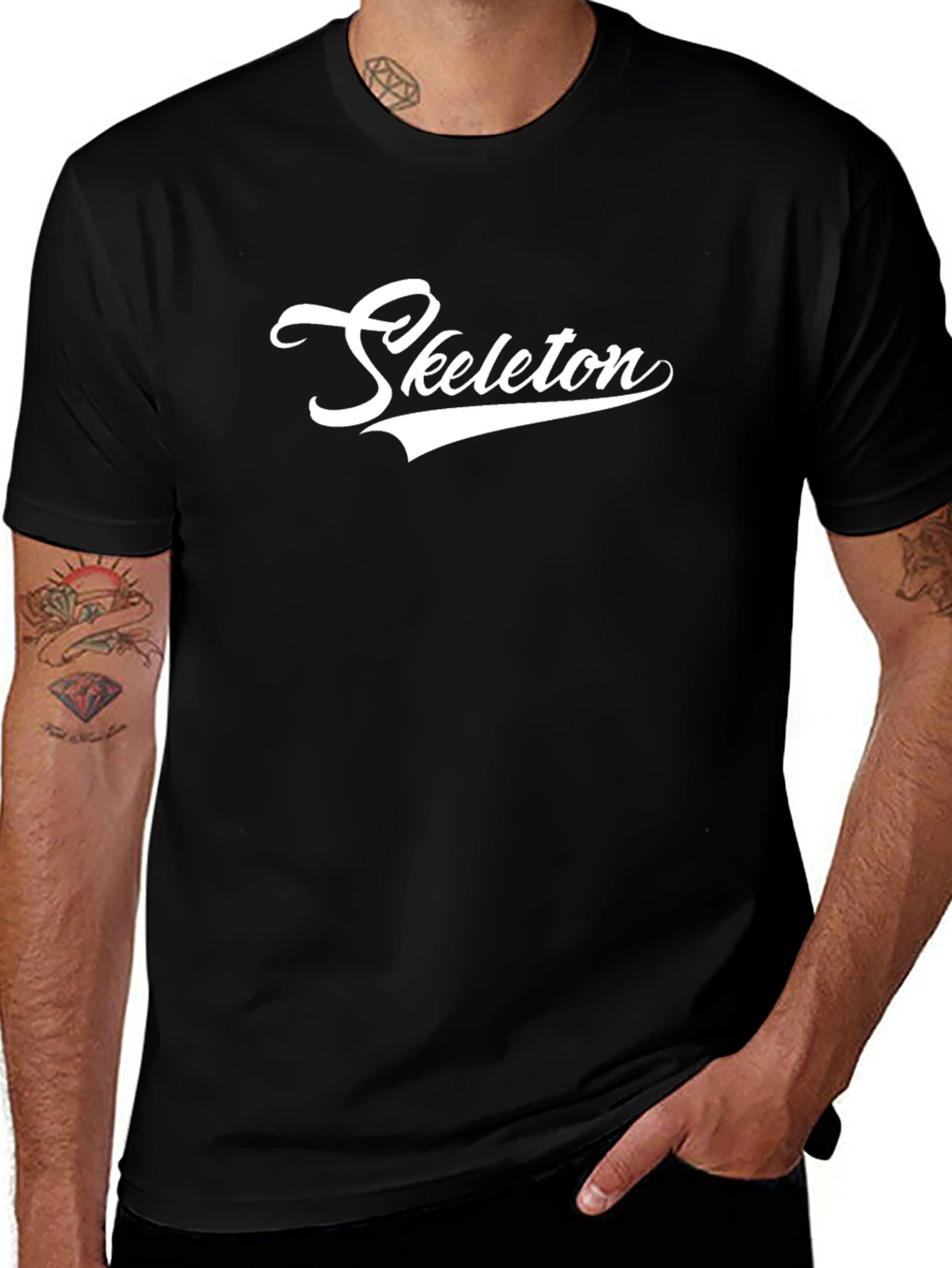Black T-Shirt with White Skeleton Script