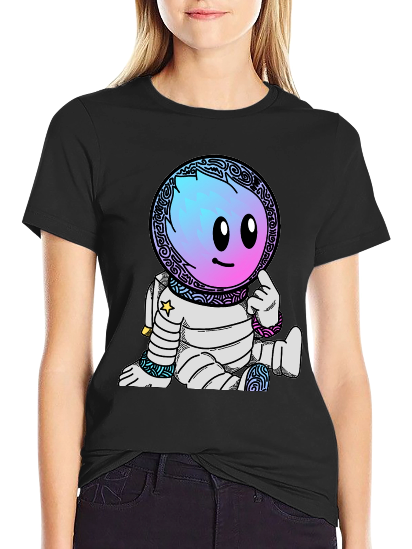Astronaut Cartoon Graphic T-Shirt - Black