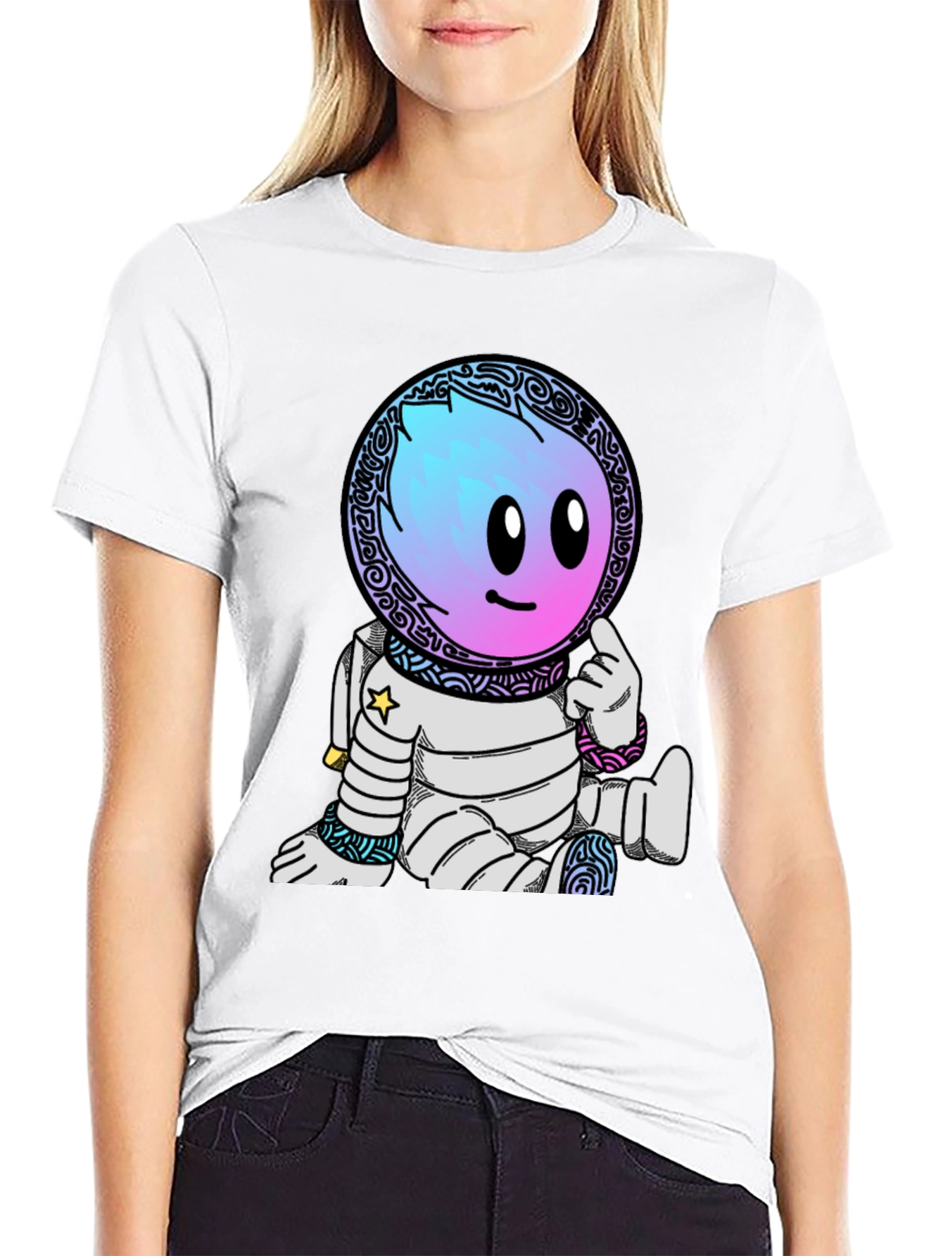 Astronaut Cartoon Graphic T-Shirt - Black