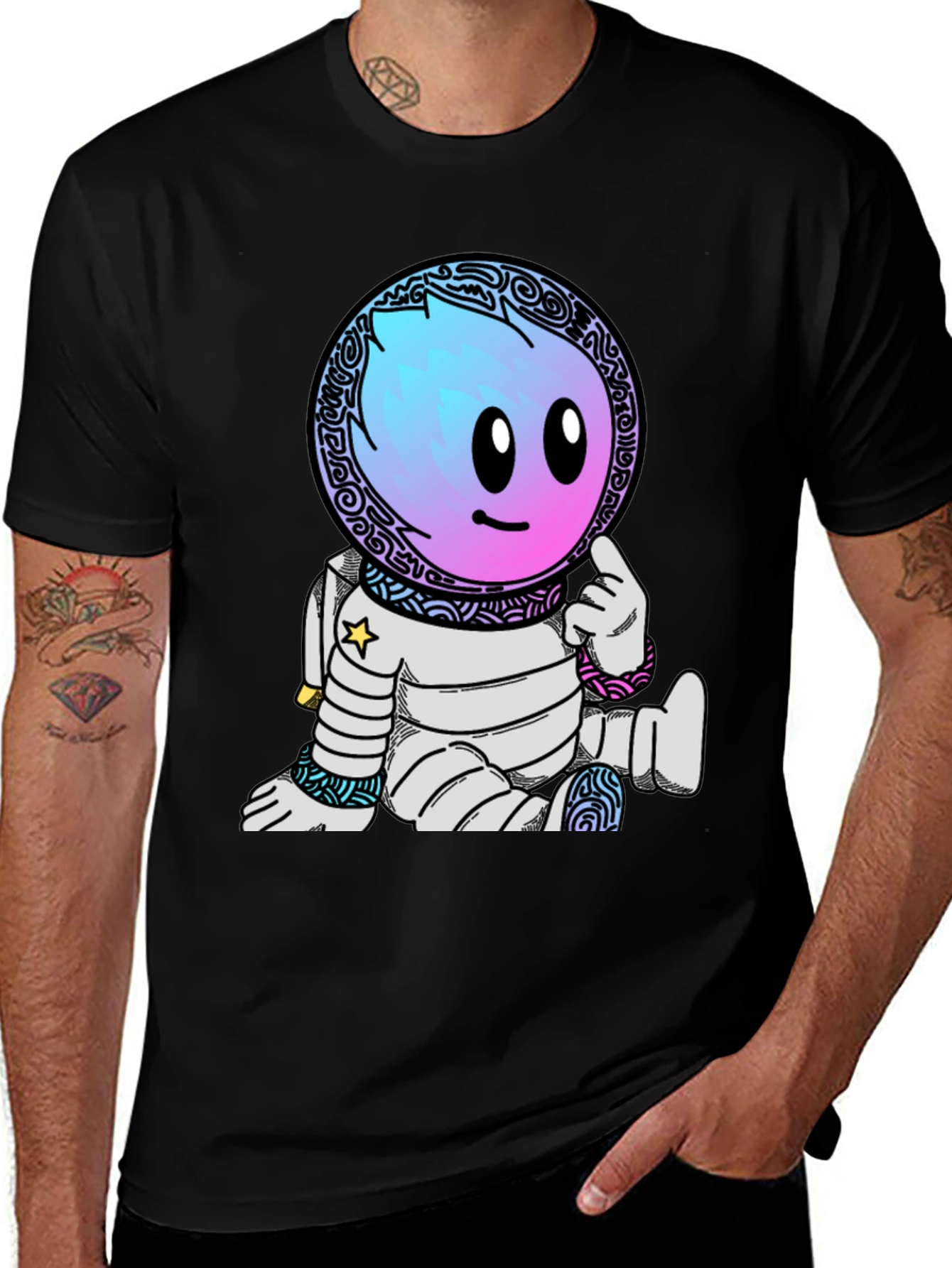 Astronaut Cartoon Graphic T-Shirt - Black