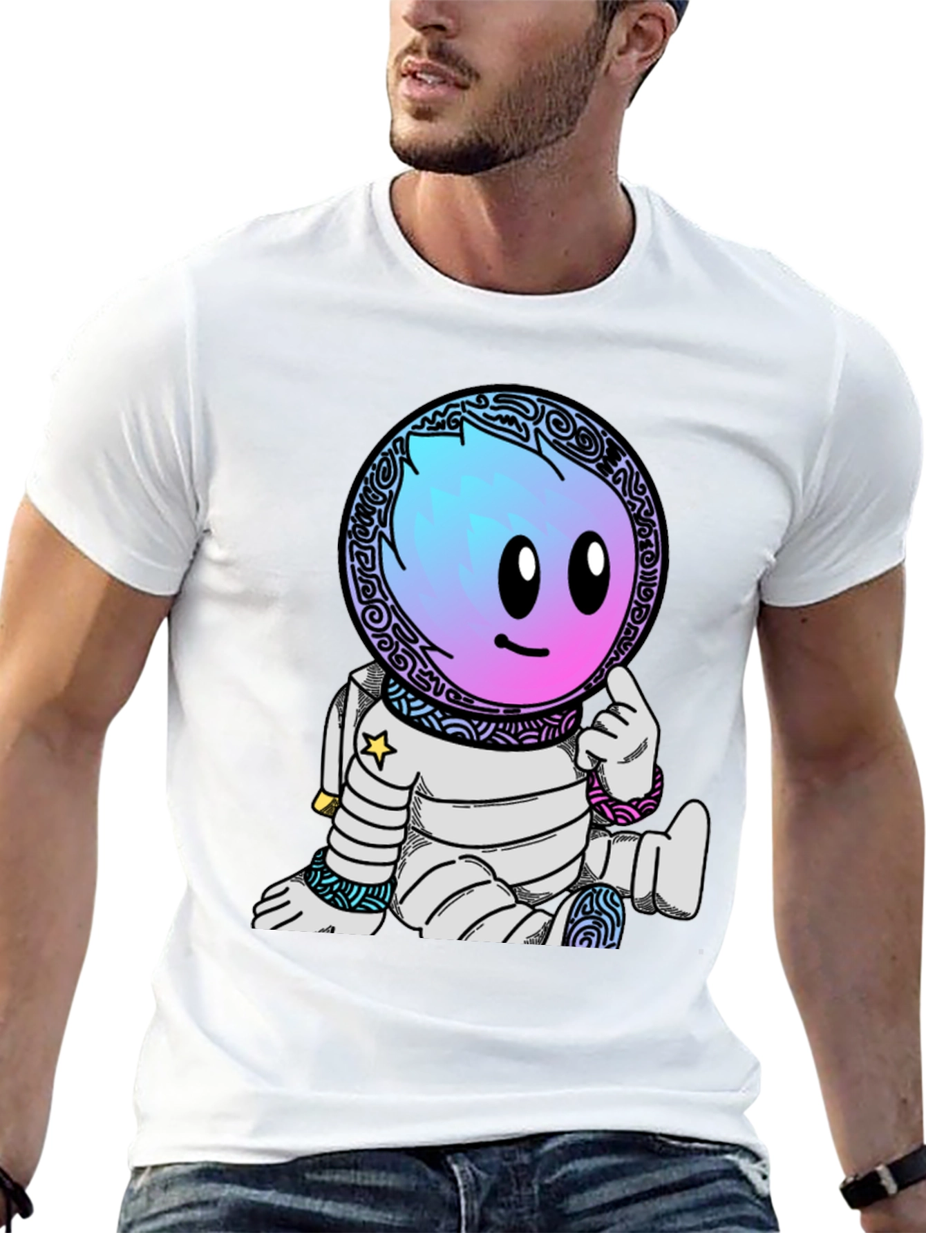 Astronaut Cartoon Graphic T-Shirt - Black