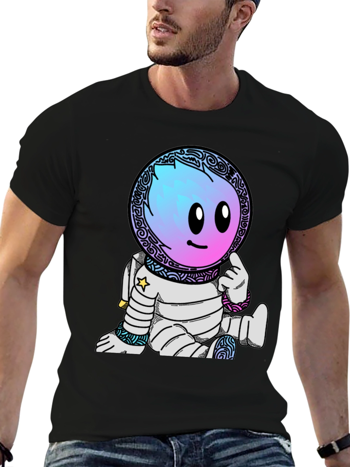 Astronaut Cartoon Graphic T-Shirt - Black