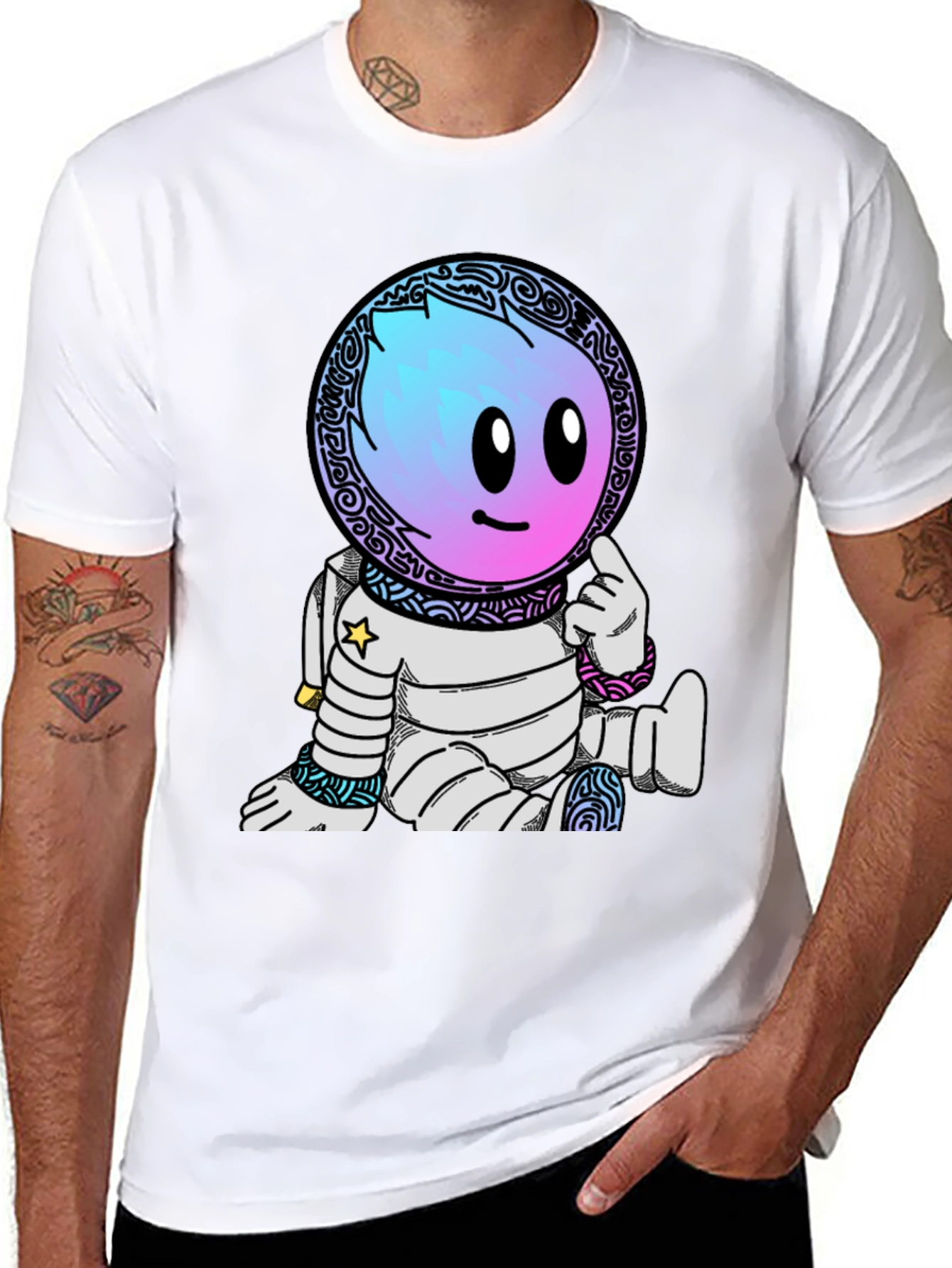 Astronaut Cartoon Graphic T-Shirt - Black