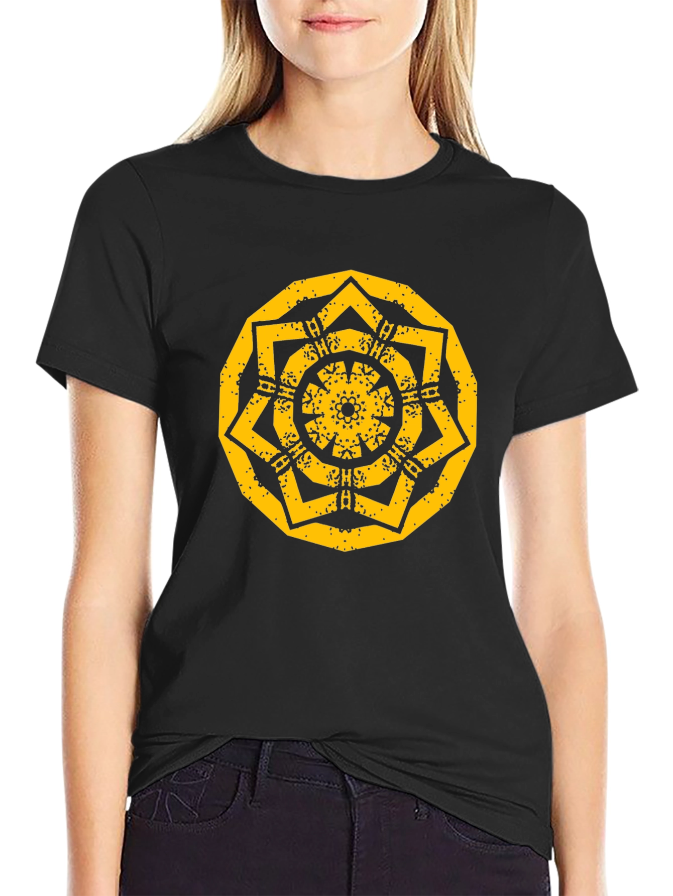 Geometric Mandala Graphic Print Black T-Shirt