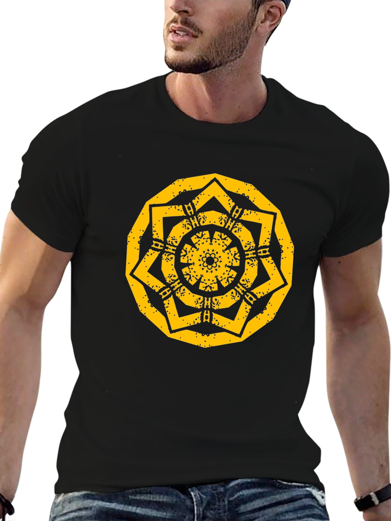 Geometric Mandala Graphic Print Black T-Shirt
