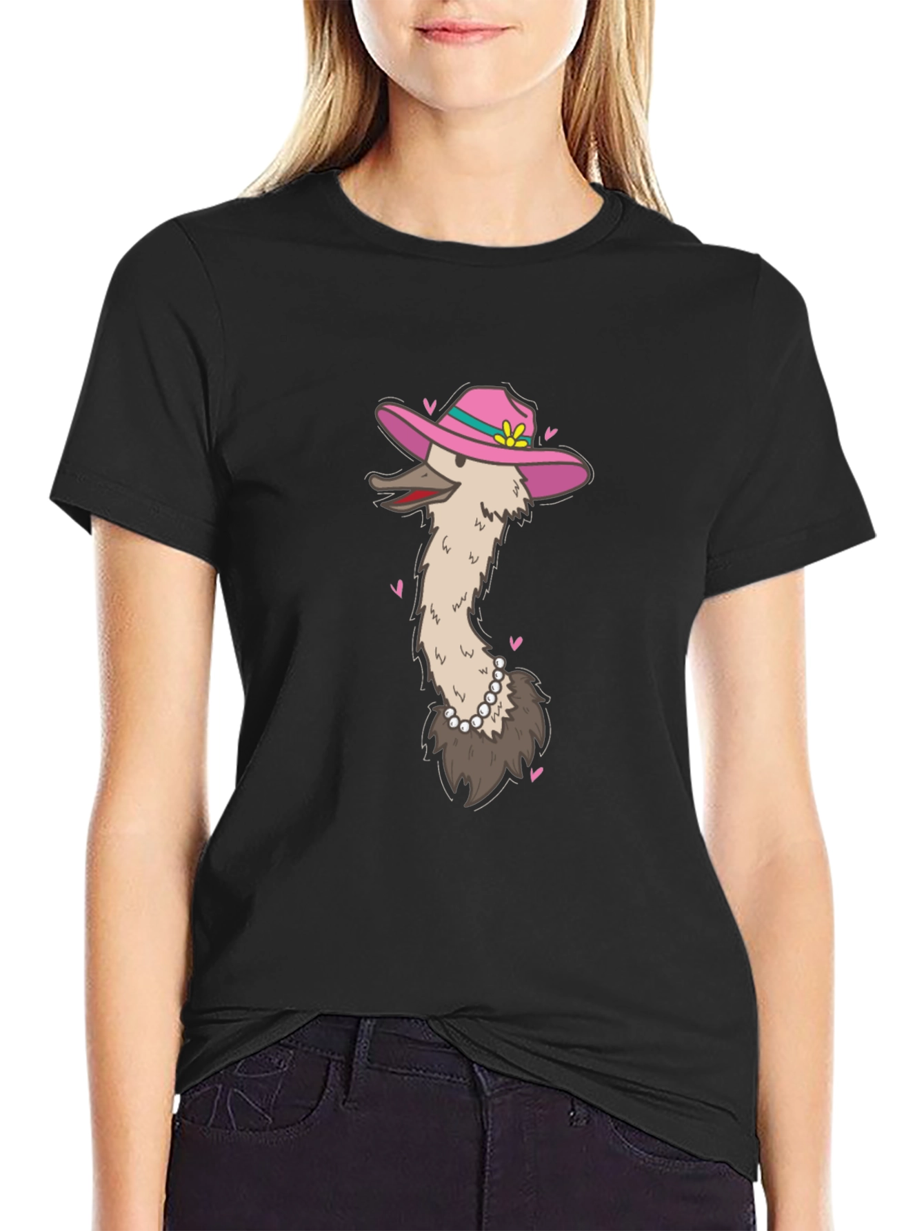 Ostrich in Hat Graphic Tee - Black Cotton T-Shirt