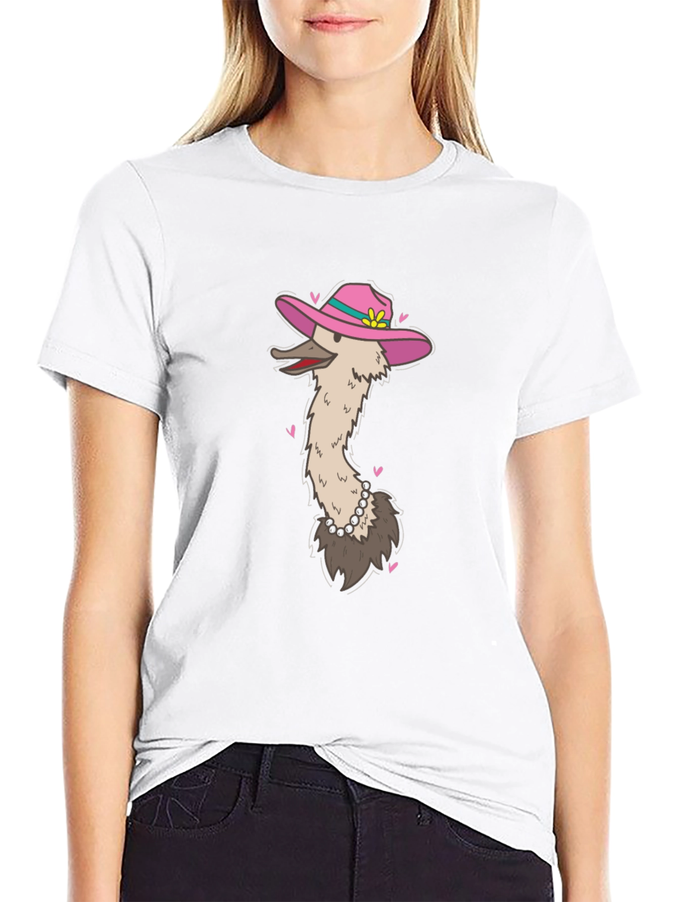 Ostrich in Hat Graphic Tee - Black Cotton T-Shirt