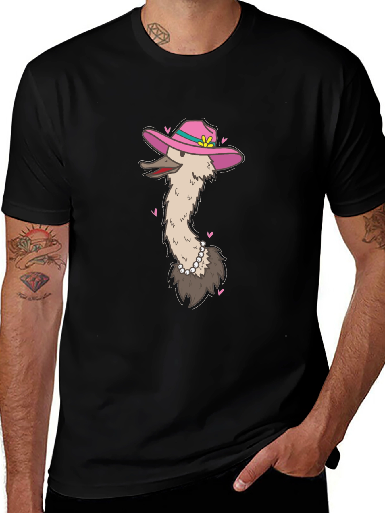 Ostrich in Hat Graphic Tee - Black Cotton T-Shirt