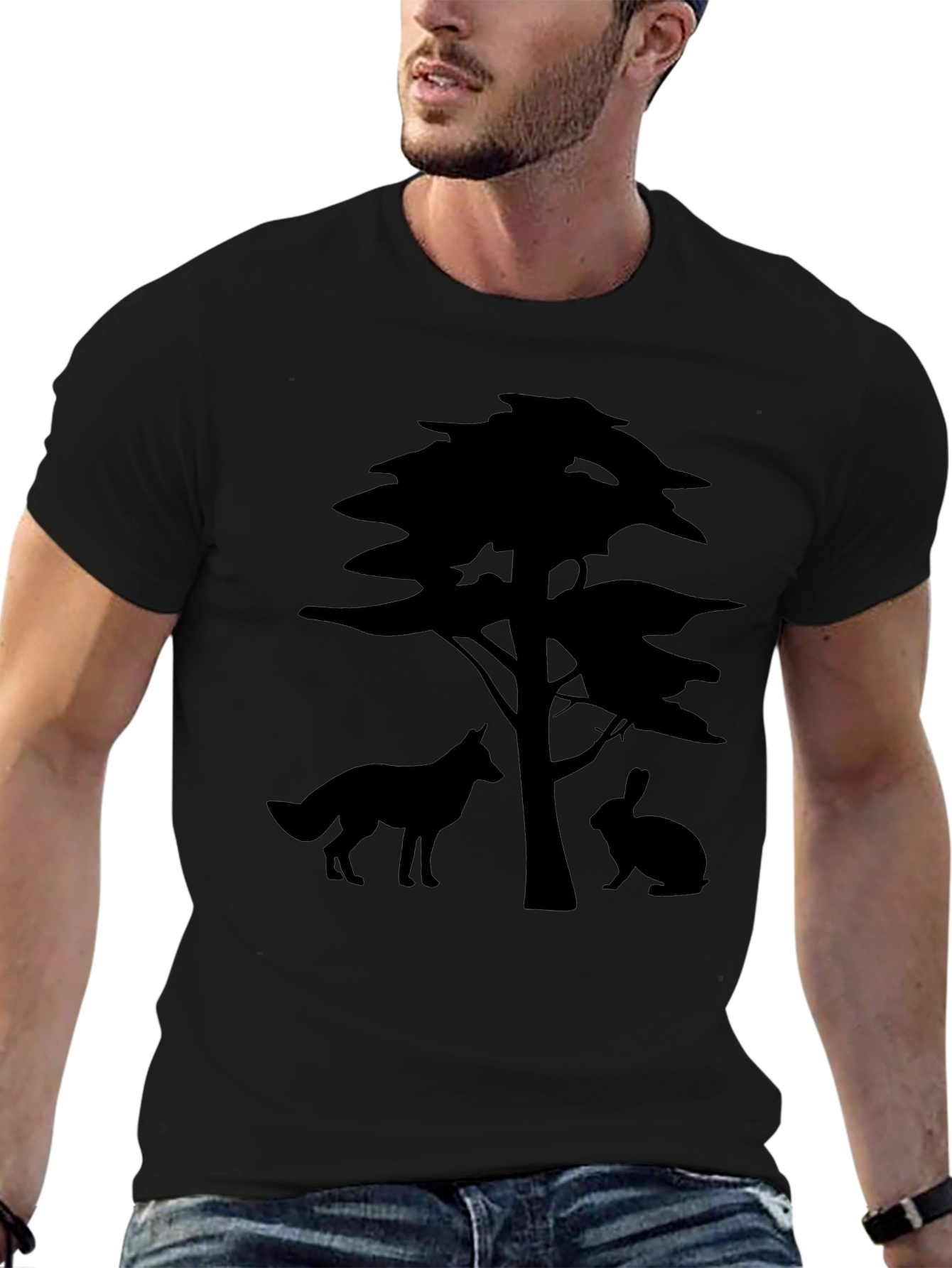 Nature Silhouette Tee: Fox Rabbit & Tree Design