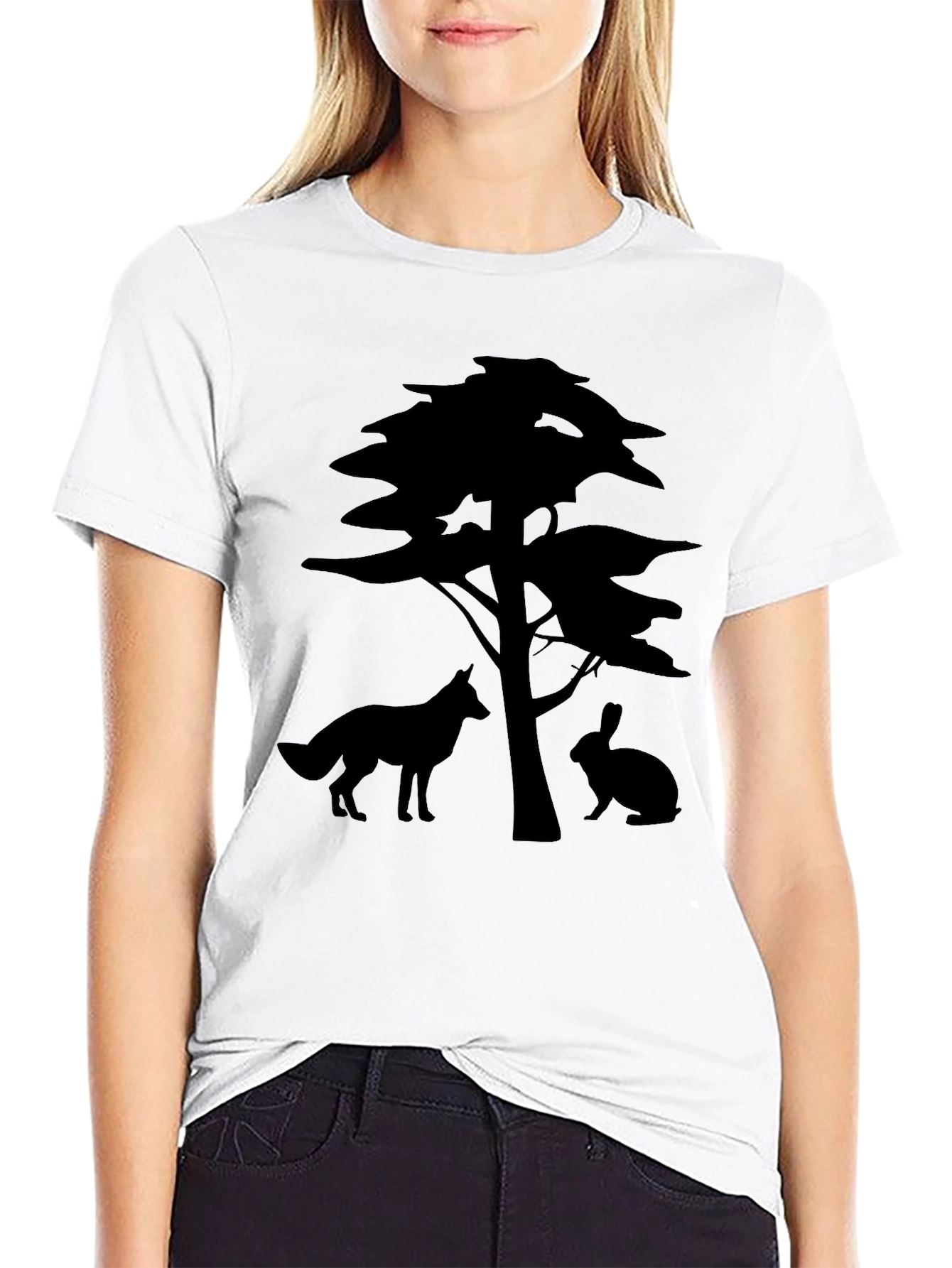 Nature Silhouette Tee: Fox Rabbit & Tree Design