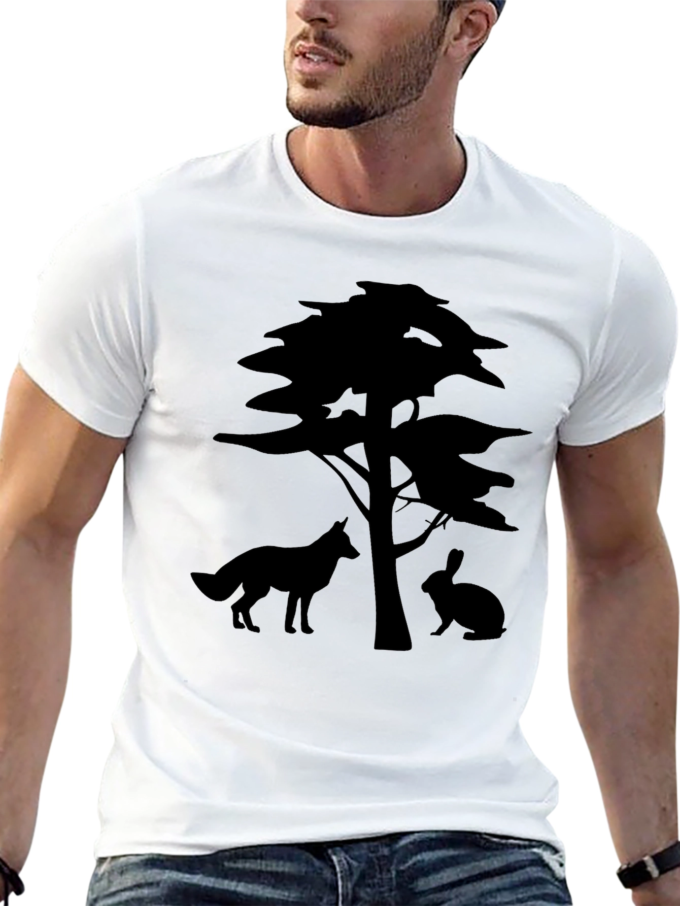 Nature Silhouette Tee: Fox Rabbit & Tree Design