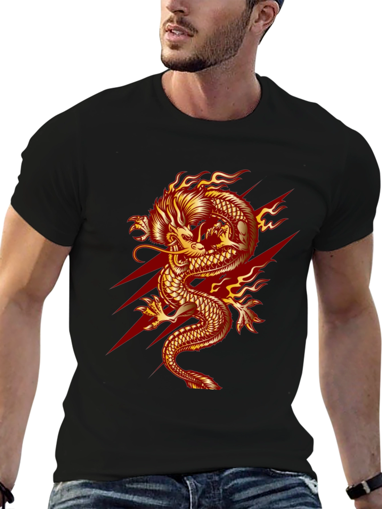 Mens Black T-Shirt with Fiery Dragon Graphic