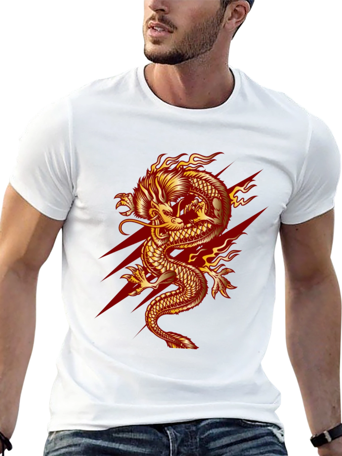 Mens Black T-Shirt with Fiery Dragon Graphic