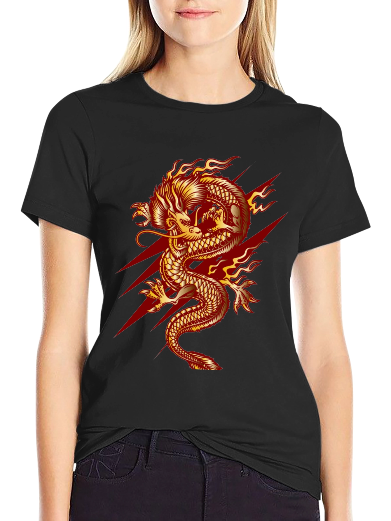Mens Black T-Shirt with Fiery Dragon Graphic