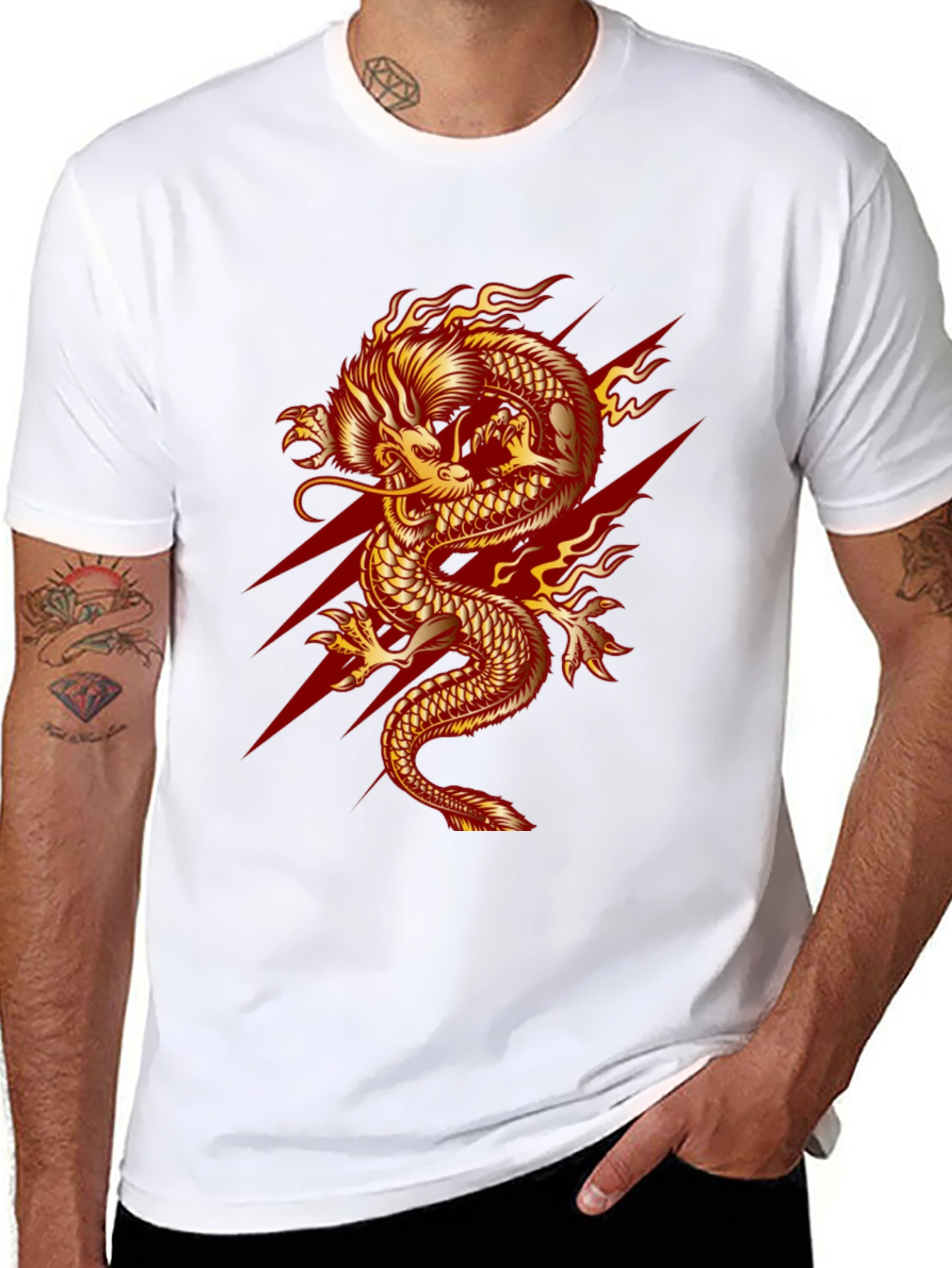 Mens Black T-Shirt with Fiery Dragon Graphic
