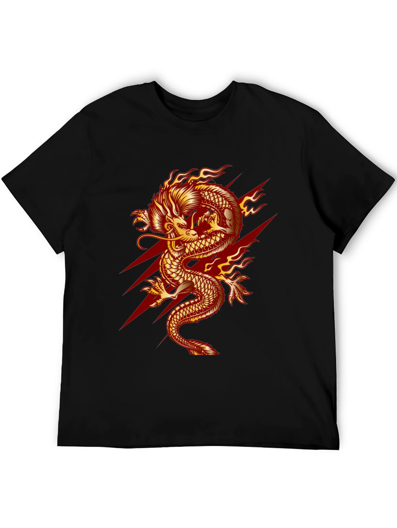 Mens Black T-Shirt with Fiery Dragon Graphic