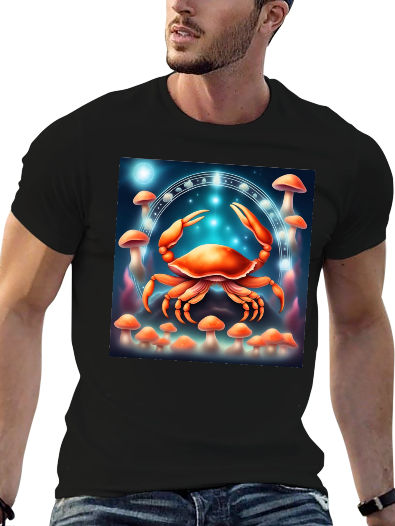 Cancer Zodiac T-Shirt: Crab & Mushroom Design