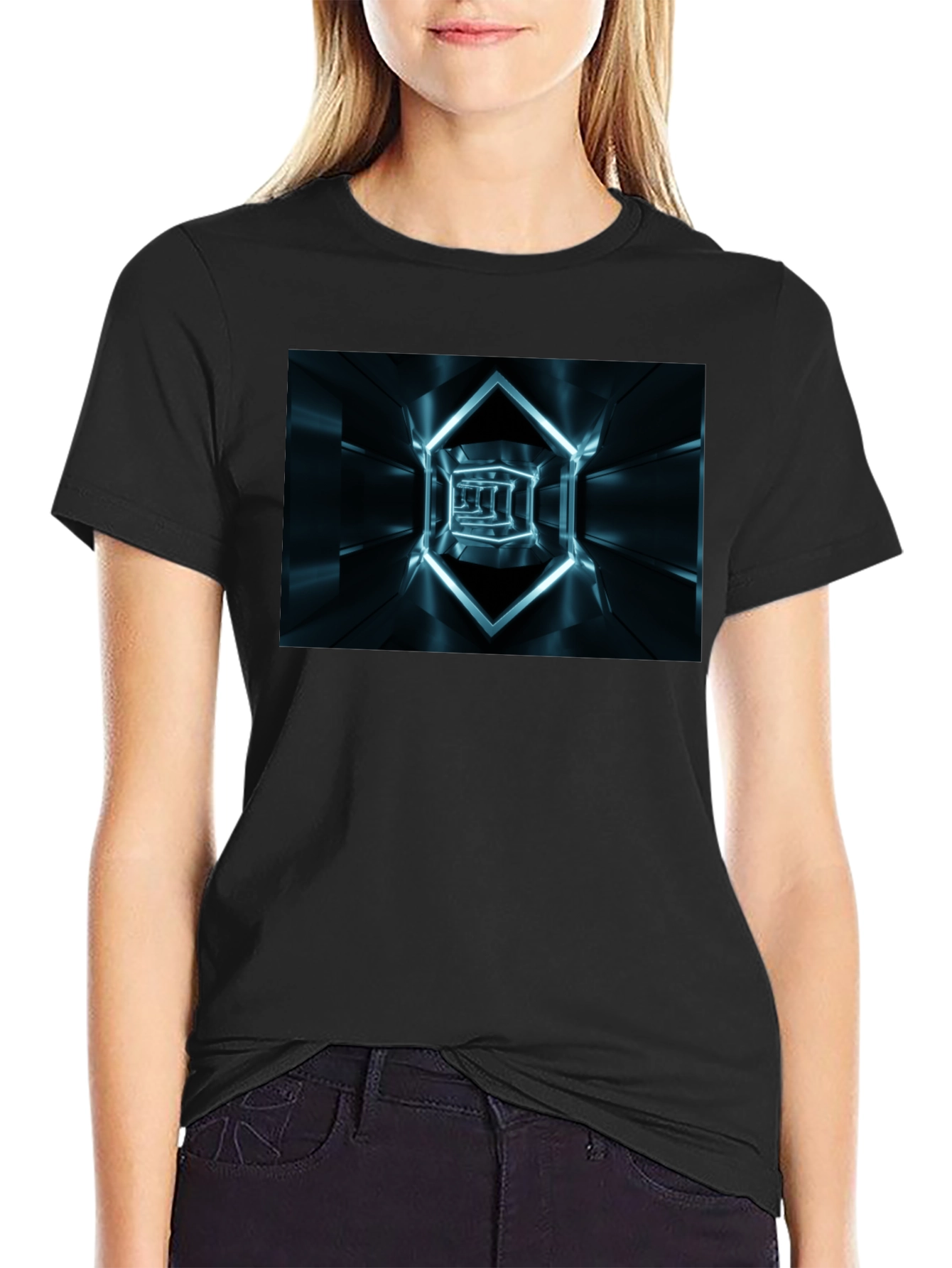 Futuristic Tunnel Print Black T-Shirt