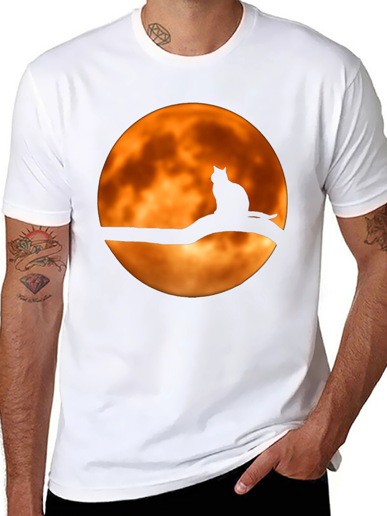 Cat on Branch Moon Graphic Tee - Halloween Style