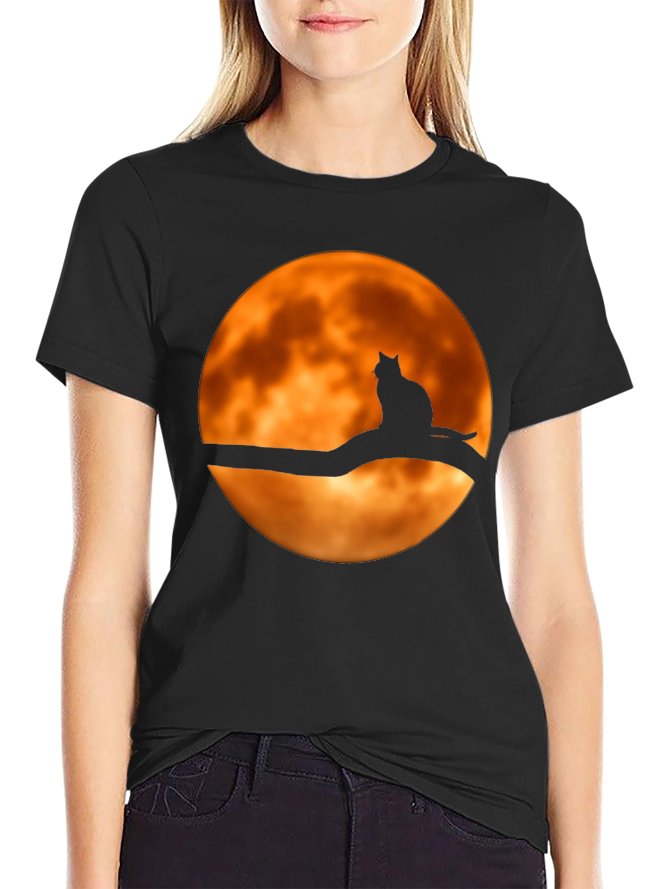 Cat on Branch Moon Graphic Tee - Halloween Style