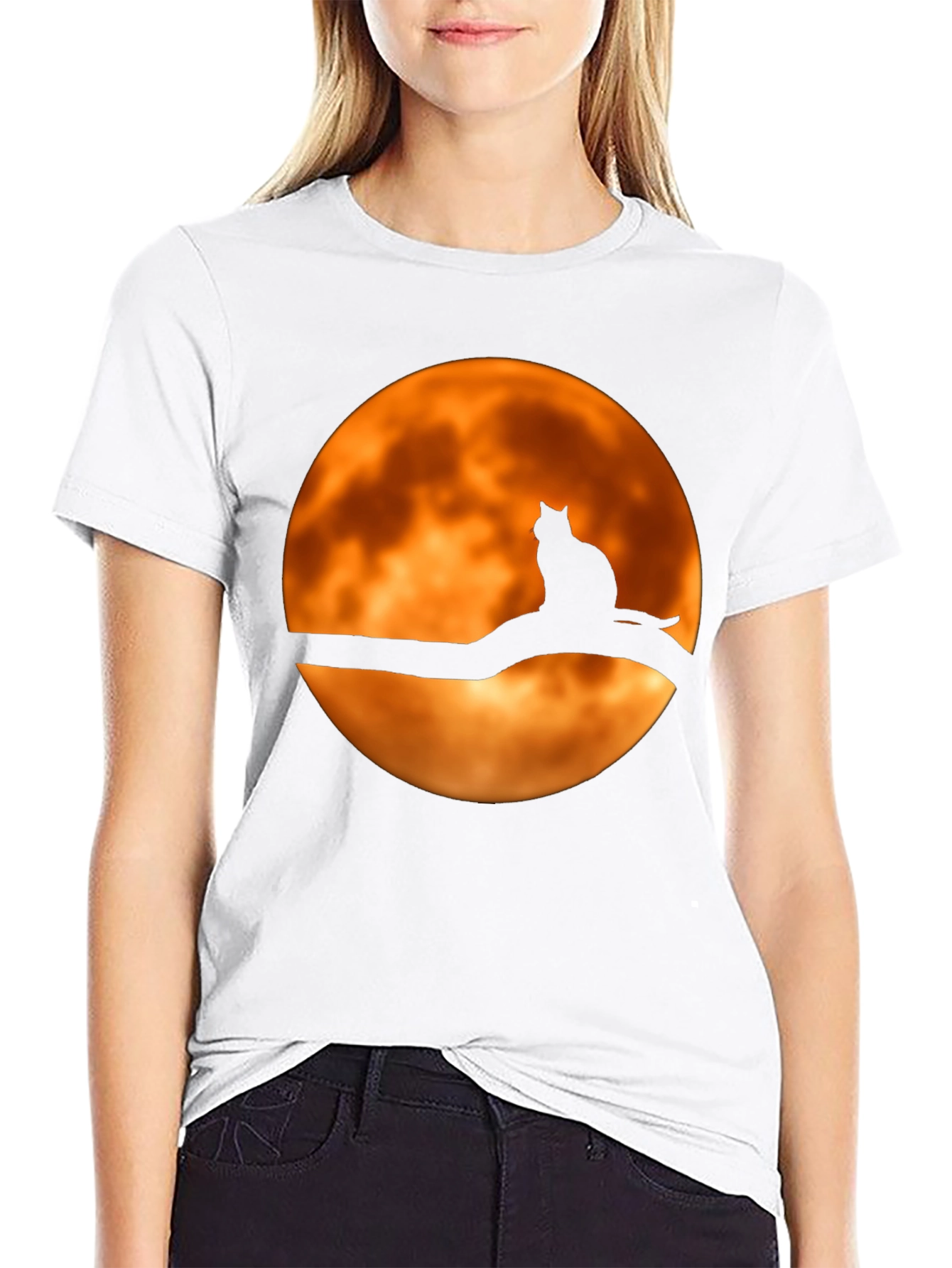 Cat on Branch Moon Graphic Tee - Halloween Style