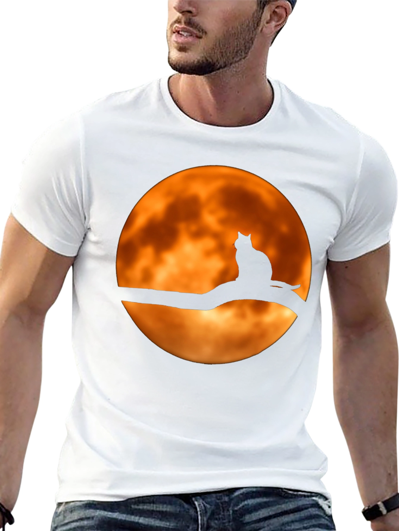 Cat on Branch Moon Graphic Tee - Halloween Style
