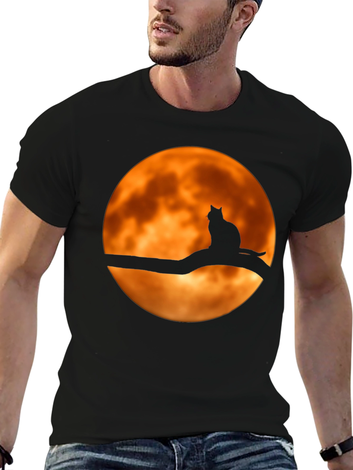 Cat on Branch Moon Graphic Tee - Halloween Style
