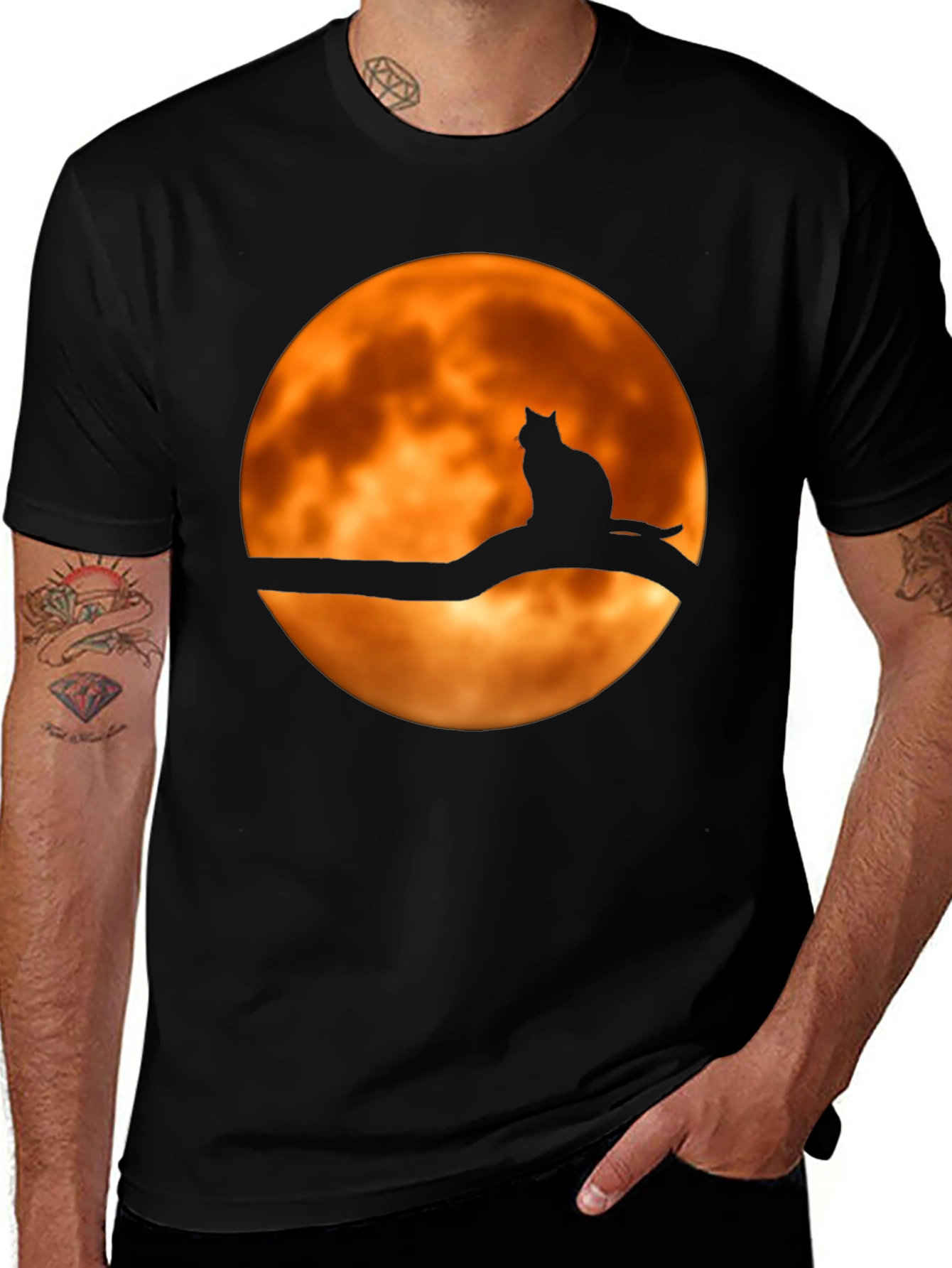 Cat on Branch Moon Graphic Tee - Halloween Style