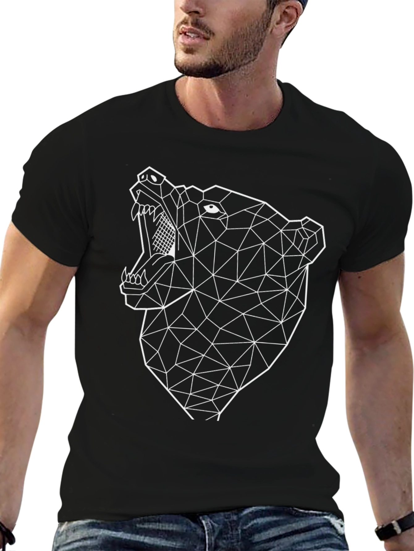 Geometric Bear Graphic Black T-Shirt