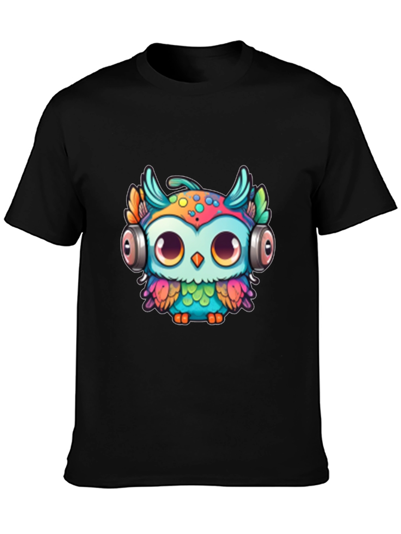 Owl with Headphones Graphic Tee - Black