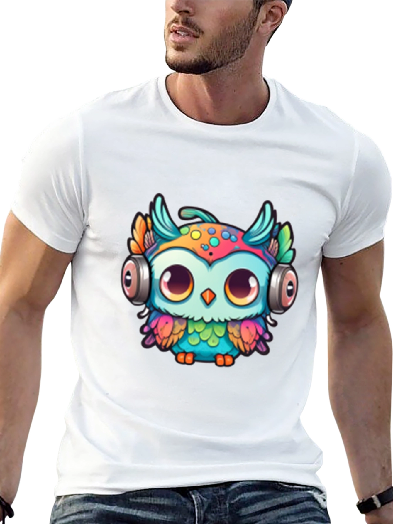 Owl with Headphones Graphic Tee - Black