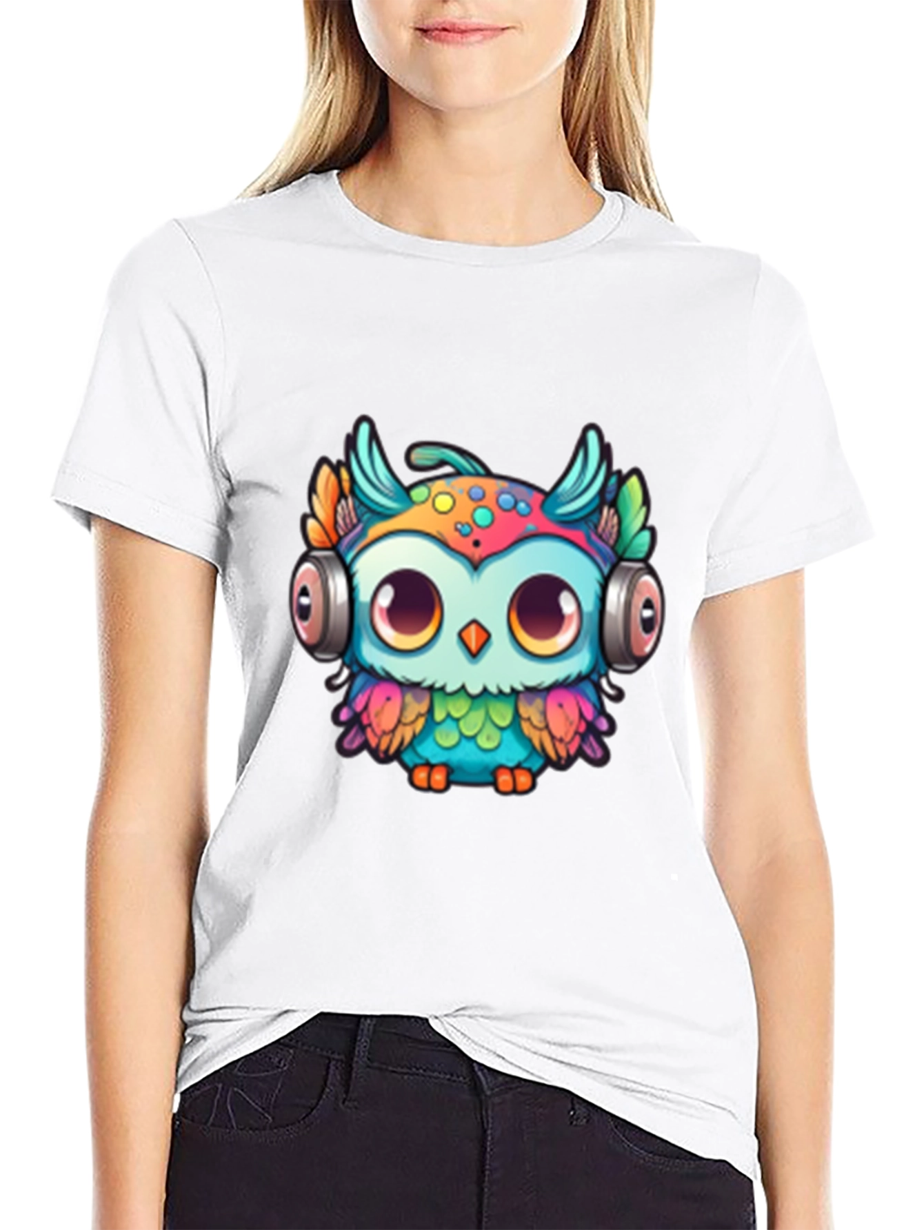 Owl with Headphones Graphic Tee - Black