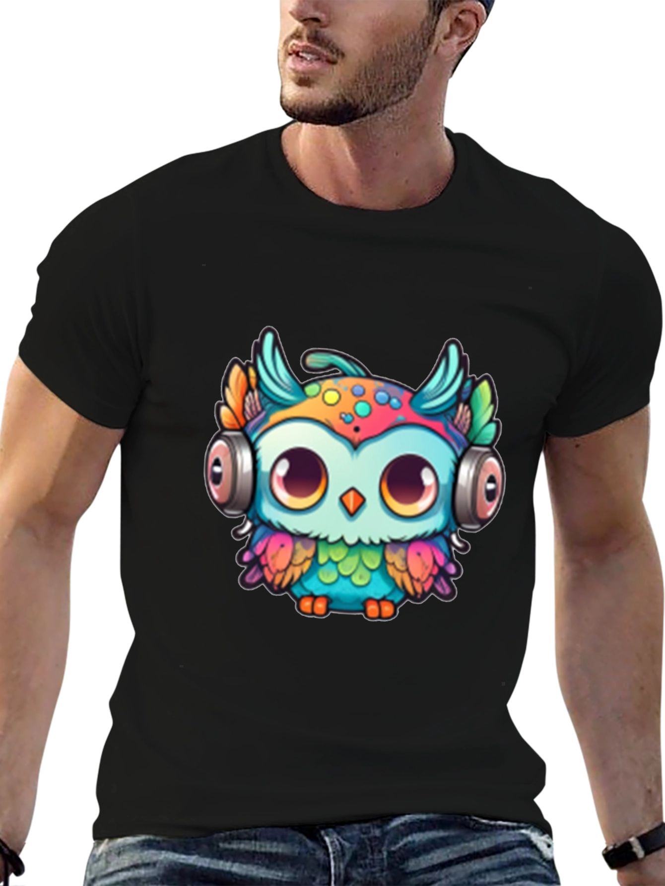 Owl with Headphones Graphic Tee - Black