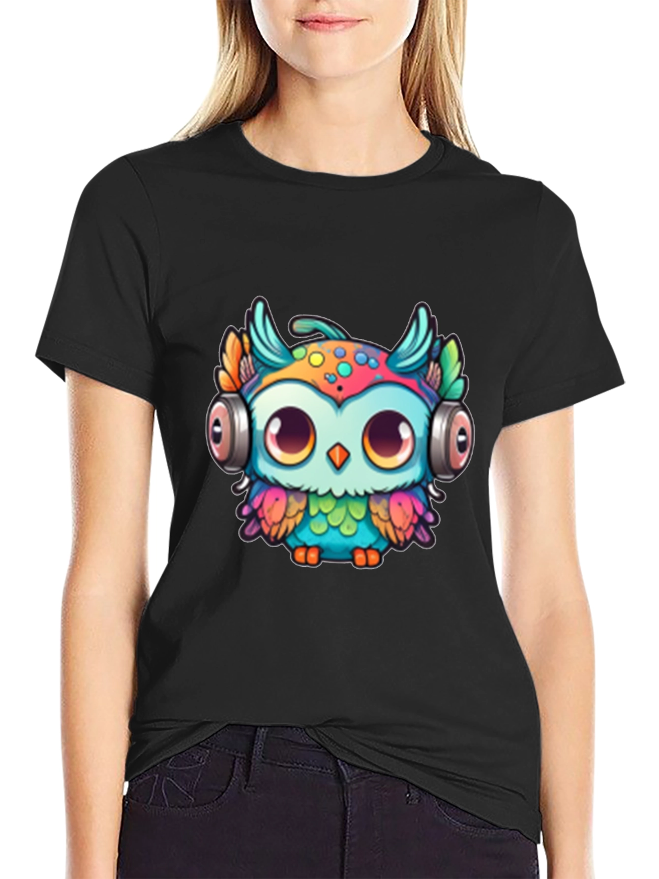 Owl with Headphones Graphic Tee - Black