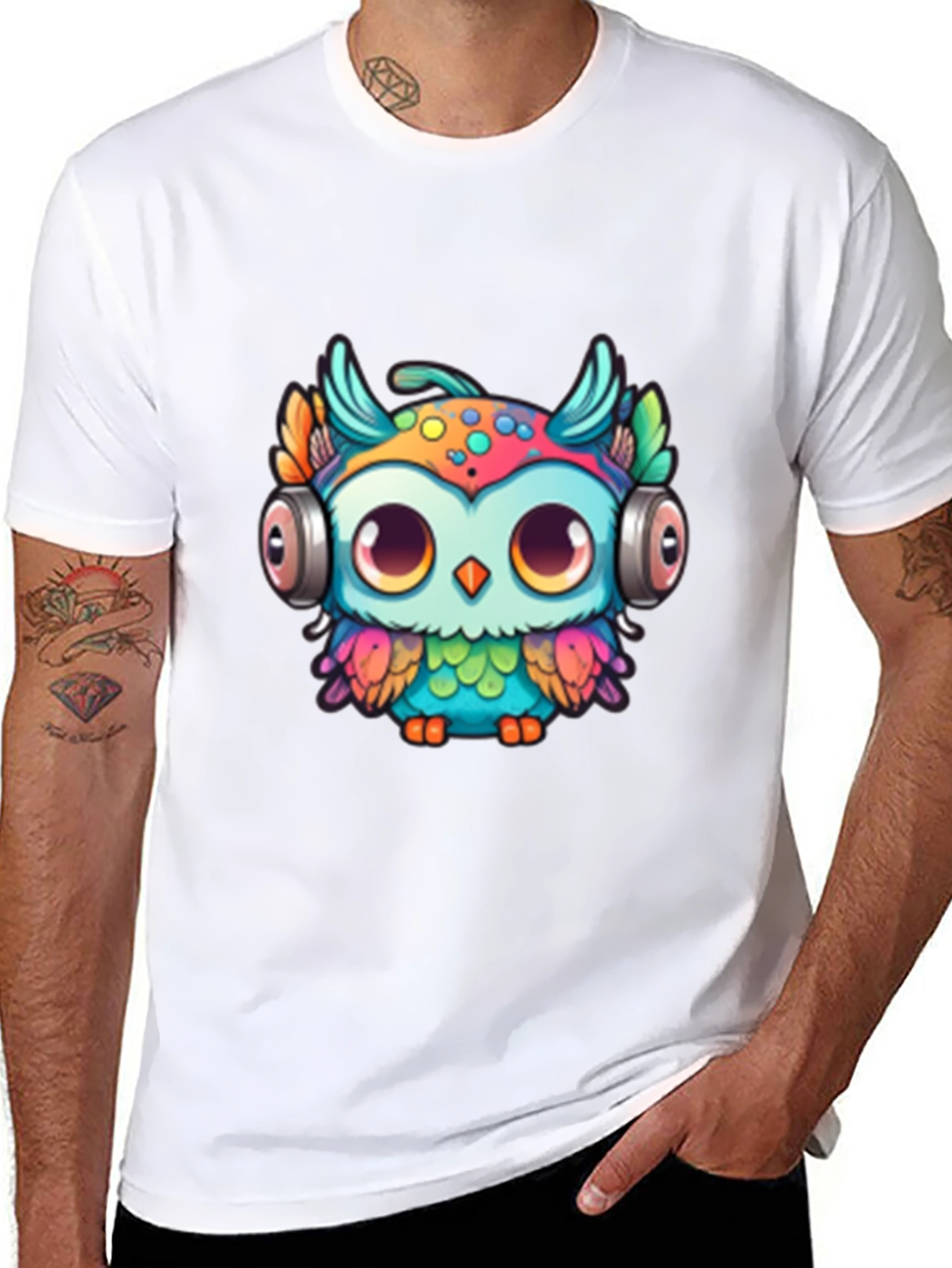 Owl with Headphones Graphic Tee - Black
