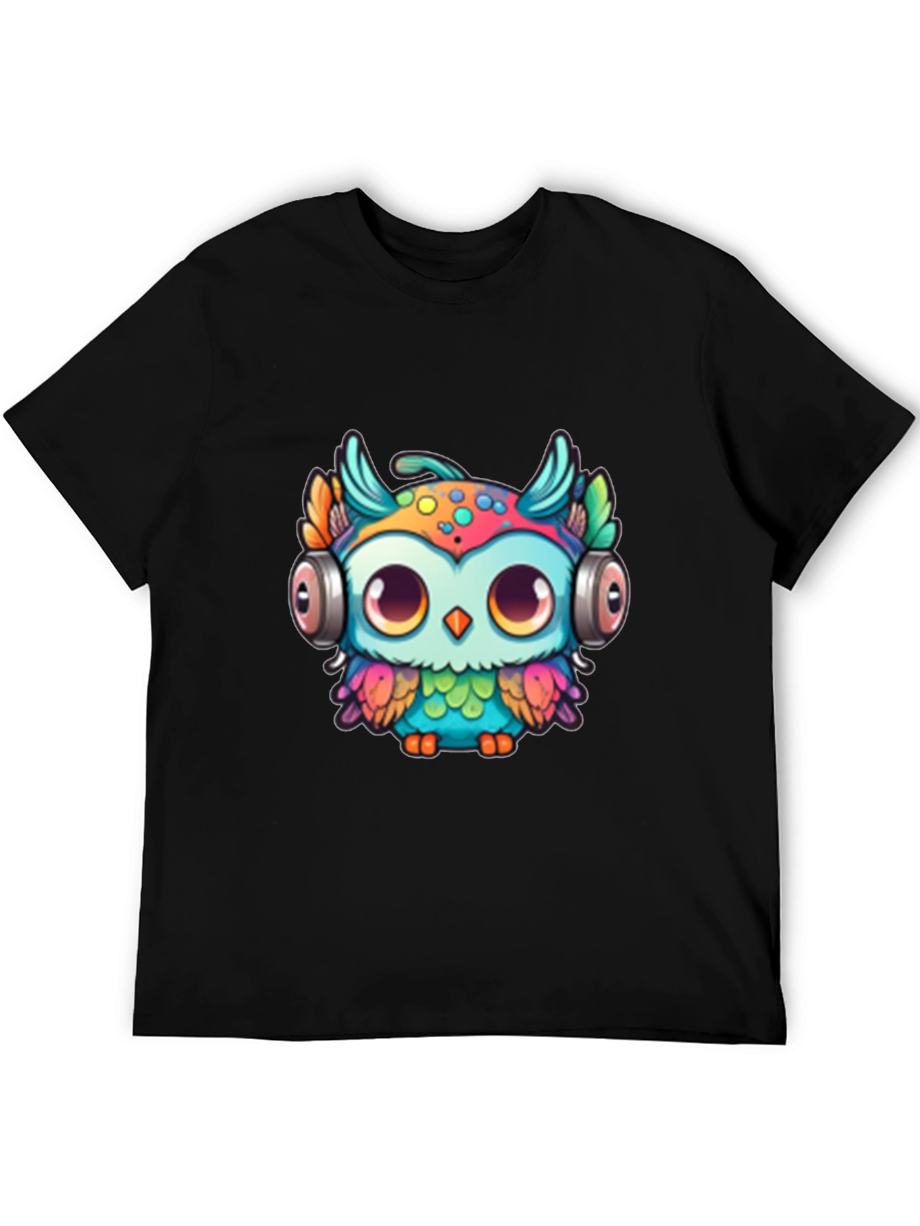 Owl with Headphones Graphic Tee - Black