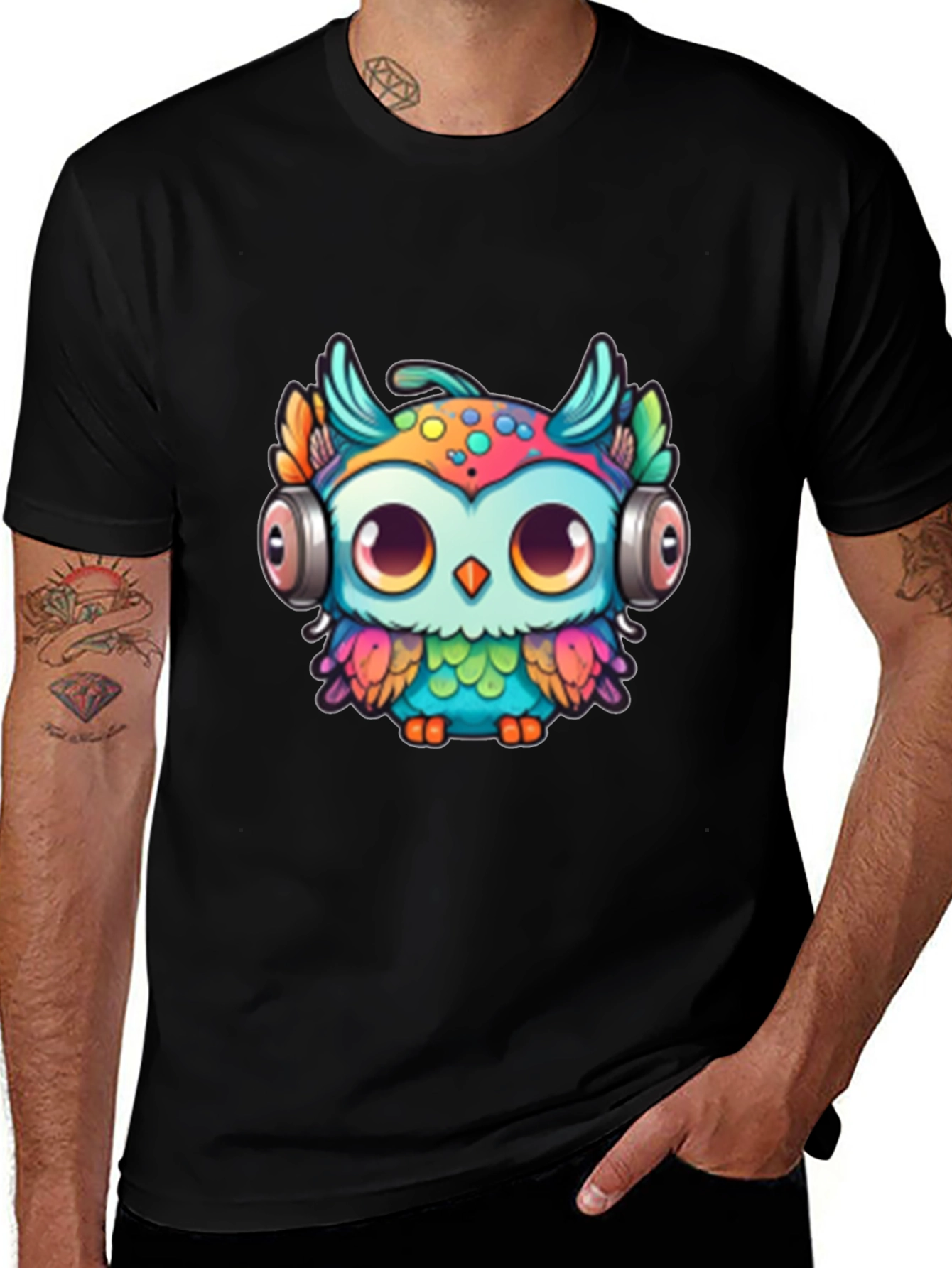 Owl with Headphones Graphic Tee - Black
