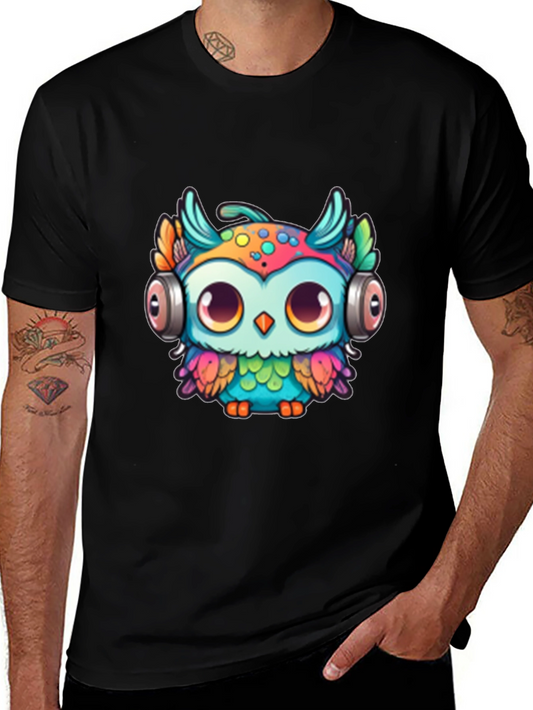 Owl with Headphones Graphic Tee - Black